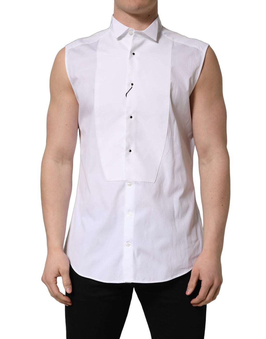Chemise homme sans manches Dolce & Gabbana en coton blanc, style Martini, vue de face avec col et boutons visibles.