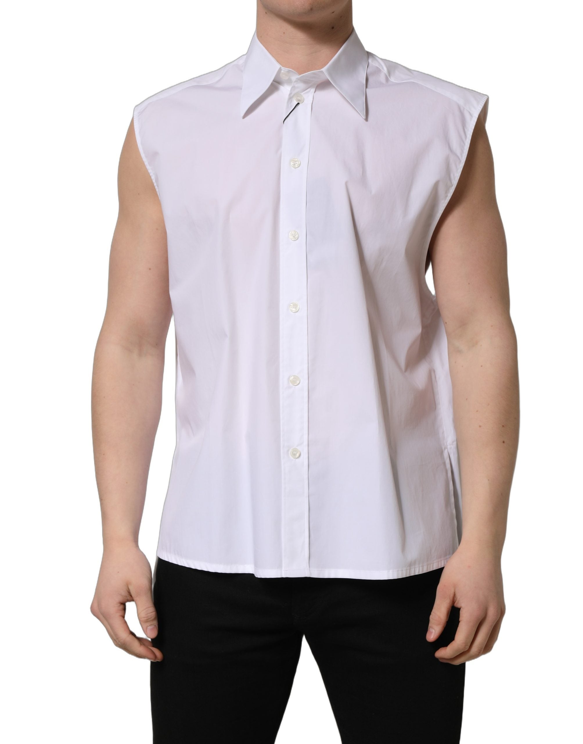 Chemise formelle blanche sans manches Dolce & Gabbana en coton, élégante et sophistiquée, visible sur l'image.