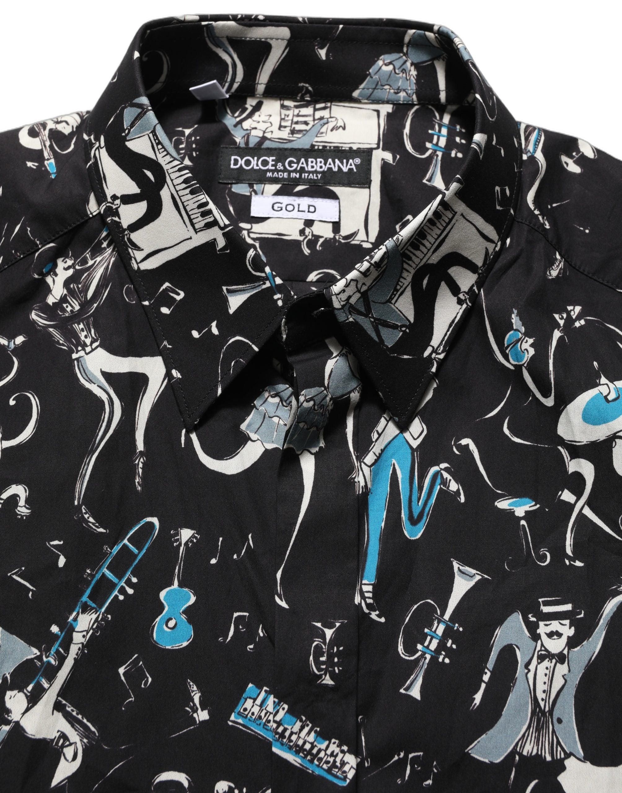 Chemise Dolce & Gabbana en coton noir avec détails dorés, style jazz club, ajustée, pour homme.