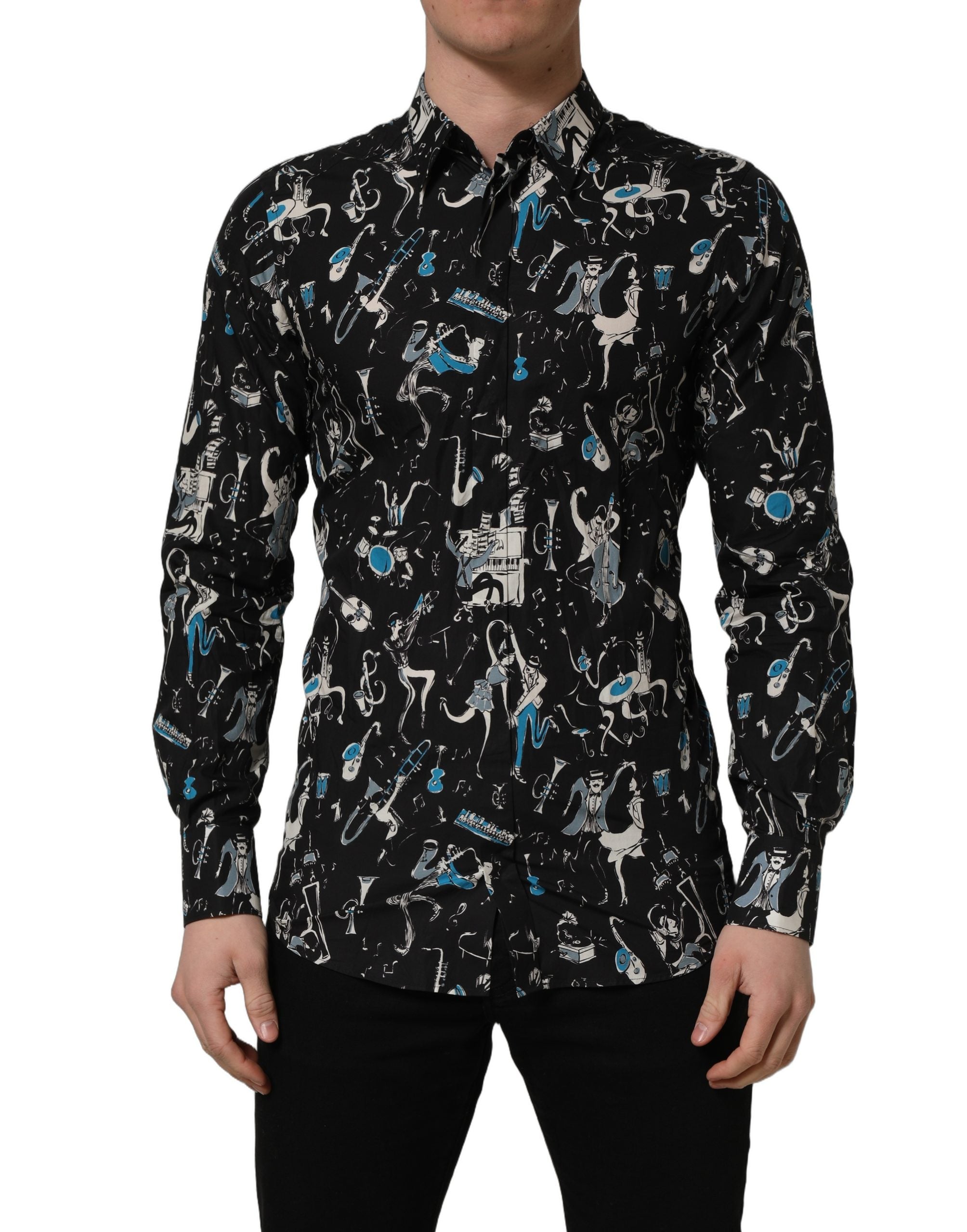 Chemise noire en coton Dolce & Gabbana Jazz Club avec détails dorés, coupe ajustée, élégante et sophistiquée.