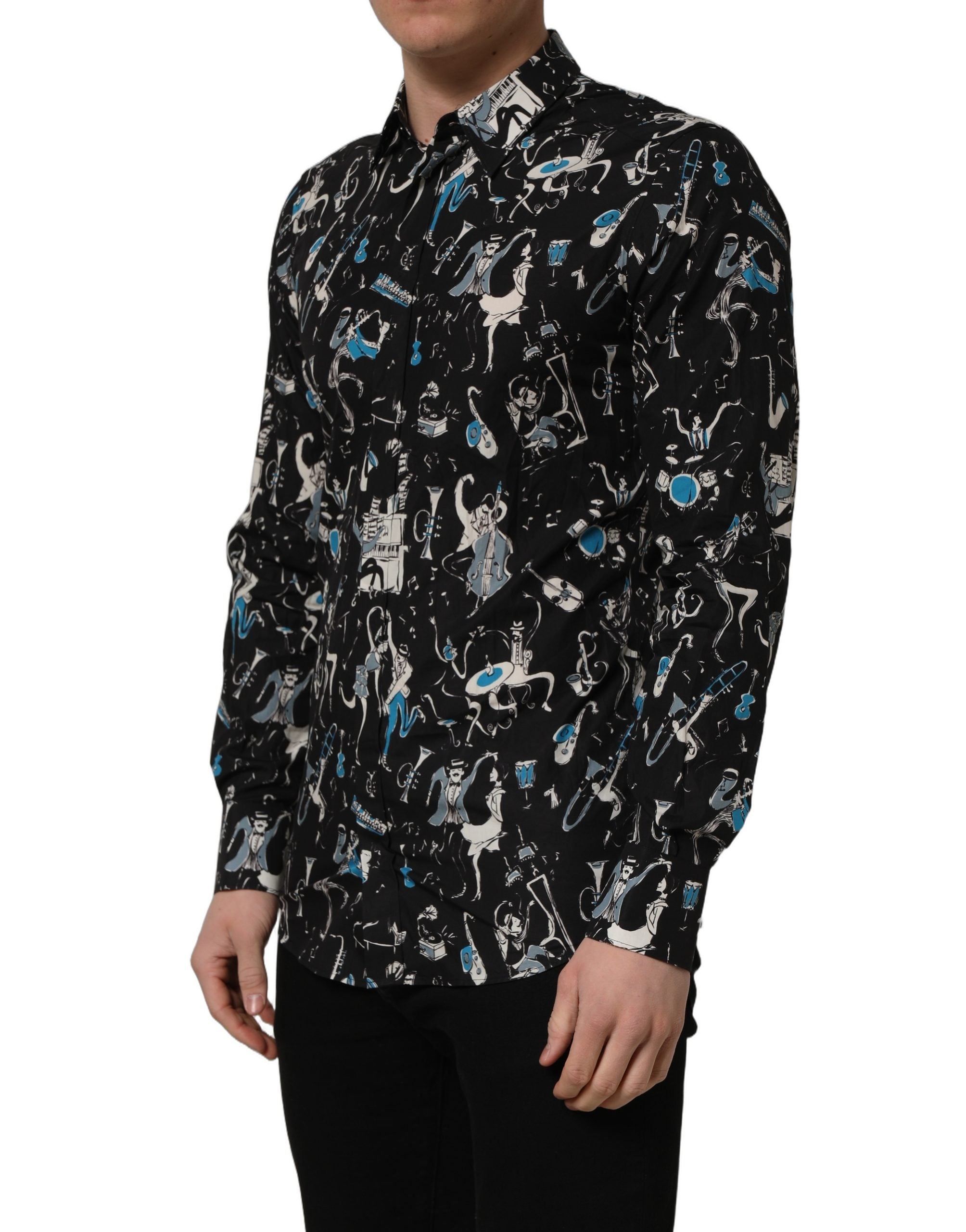 Chemise homme Dolce & Gabbana Jazz Club en coton noir avec détails dorés, coupe ajustée et style élégant.