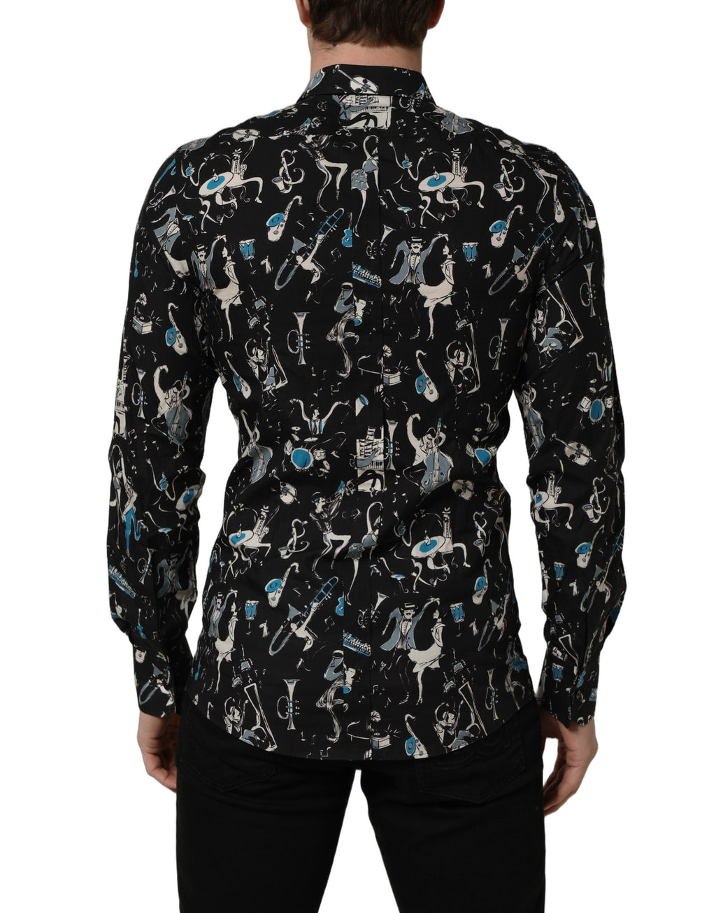 Chemise noire en coton Dolce & Gabbana Jazz Club avec détails dorés et coupe ajustée, visible sur l'image.