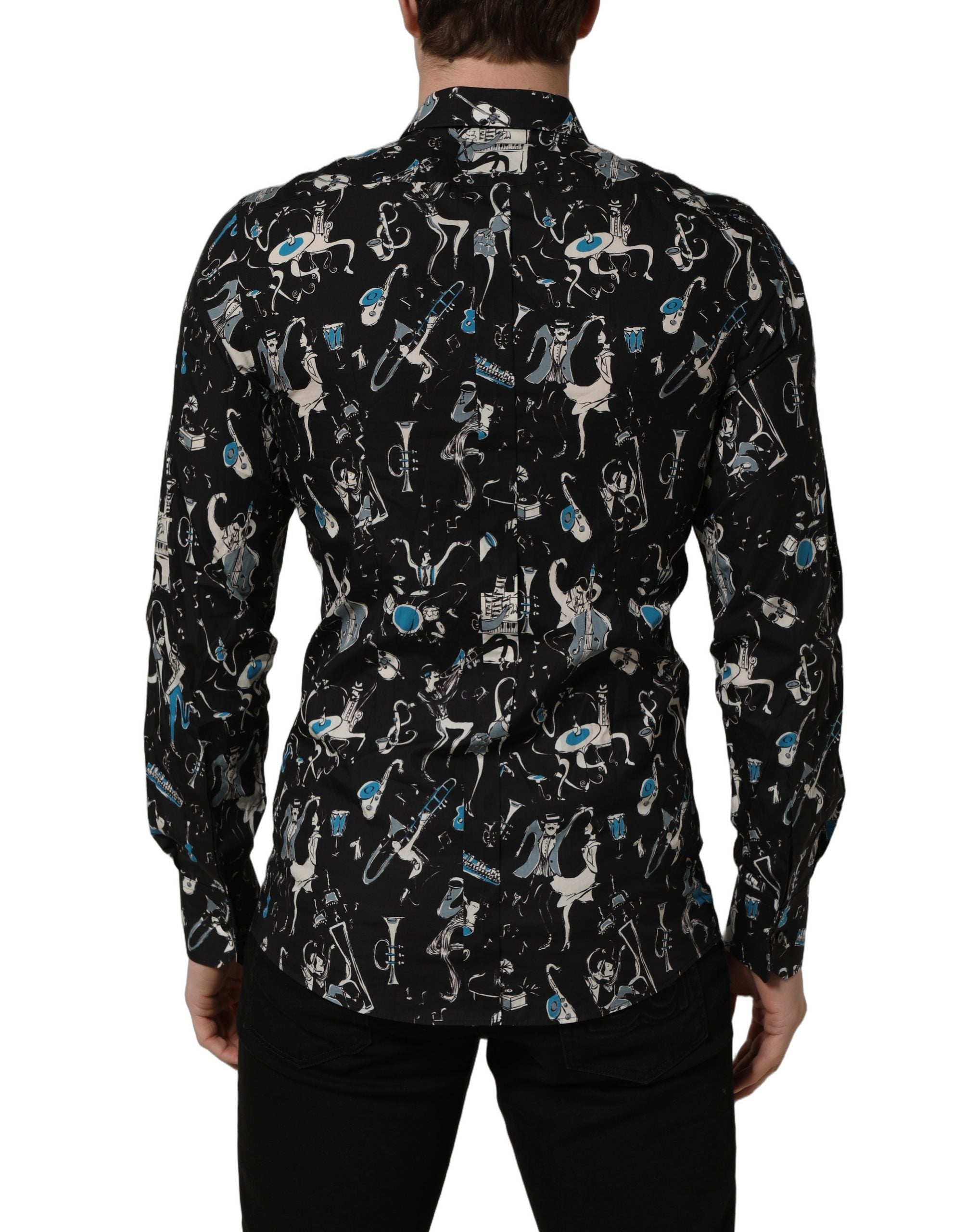 Chemise noire en coton Dolce & Gabbana Jazz Club avec détails dorés et coupe ajustée, visible sur l'image.