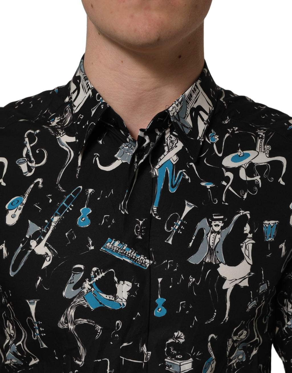 Chemise Dolce & Gabbana en coton noir avec détails dorés, style jazz club, ajustée, pour homme.