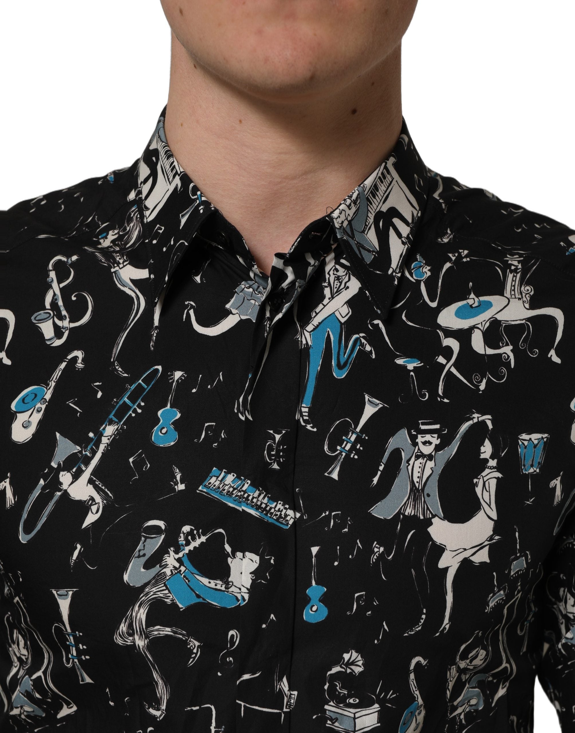 Chemise Dolce & Gabbana en coton noir avec détails dorés, style jazz club, ajustée, pour homme.