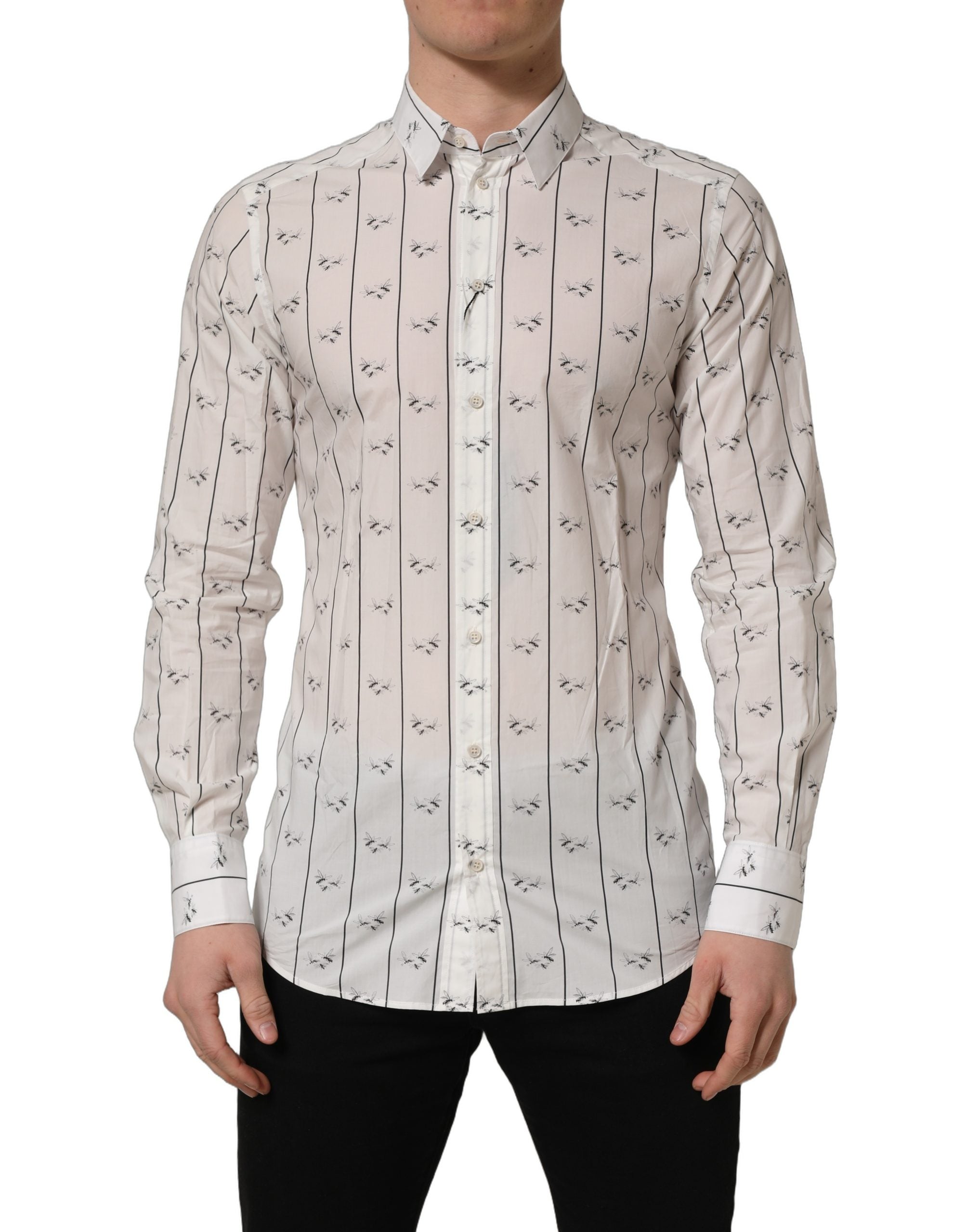 Chemise en coton blanche Dolce & Gabbana avec motif abeilles dorées, ajustée, vue en détail sur le produit.