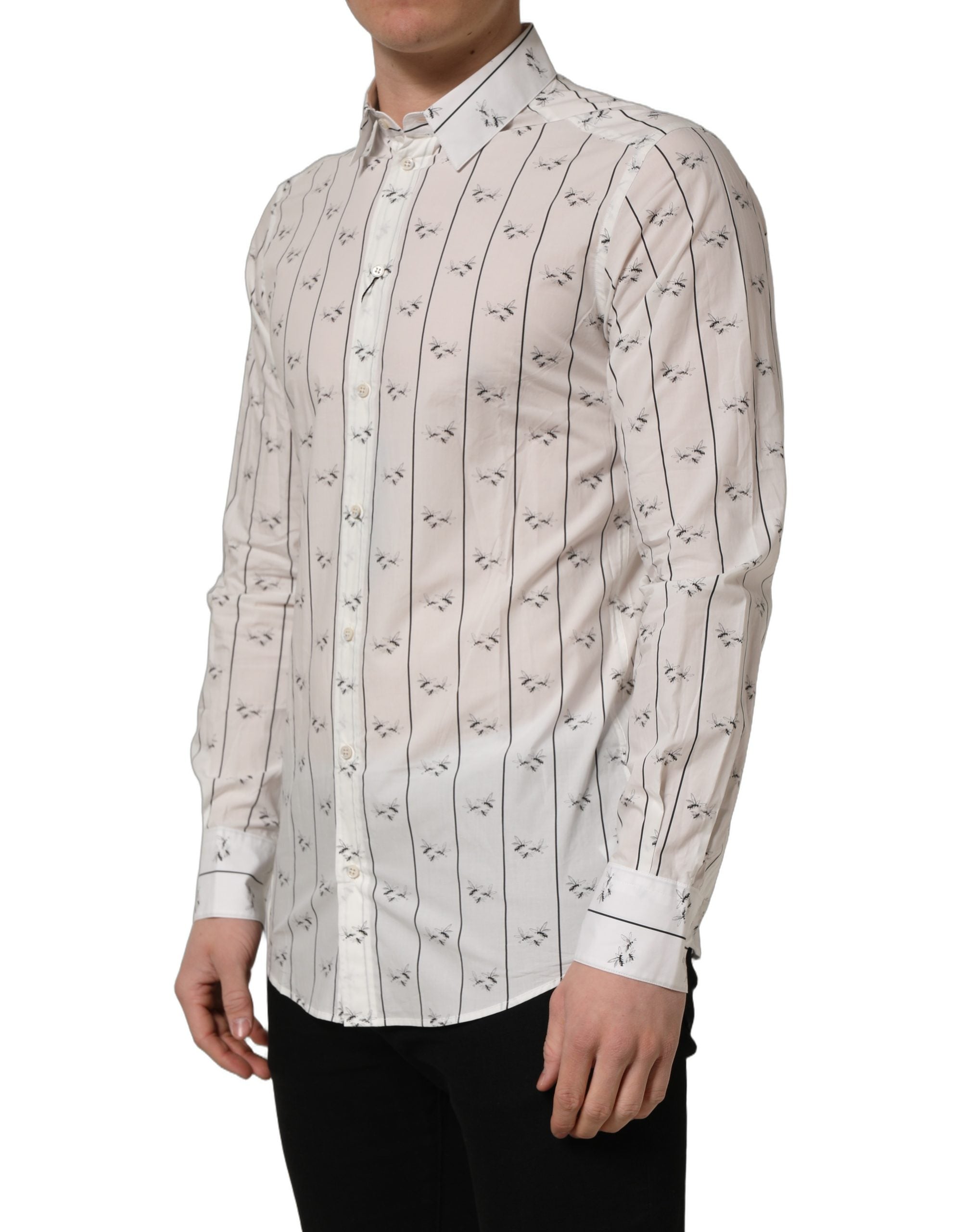 Chemise blanche en coton Dolce & Gabbana avec motif abeille dorée, ajustée, élégante et stylée pour homme.