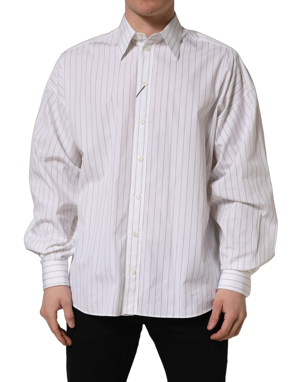 Chemise homme Dolce & Gabbana en coton blanc avec rayures formelles, manche longue et col classique.