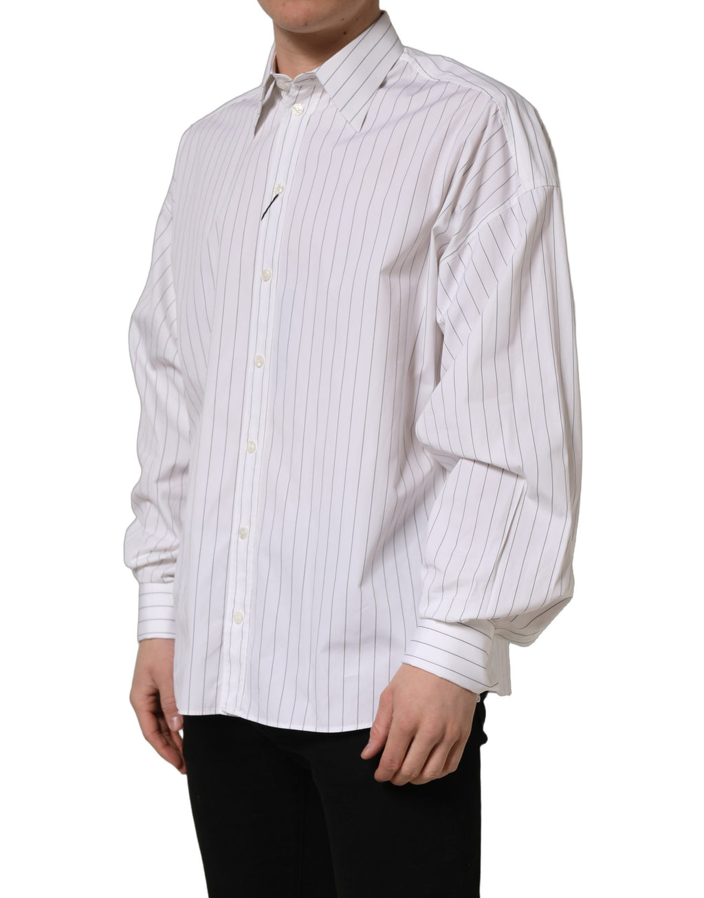 Chemise formelle blanche à rayures en coton pour homme de Dolce & Gabbana, vue de face, détails du col et des manches visibles.