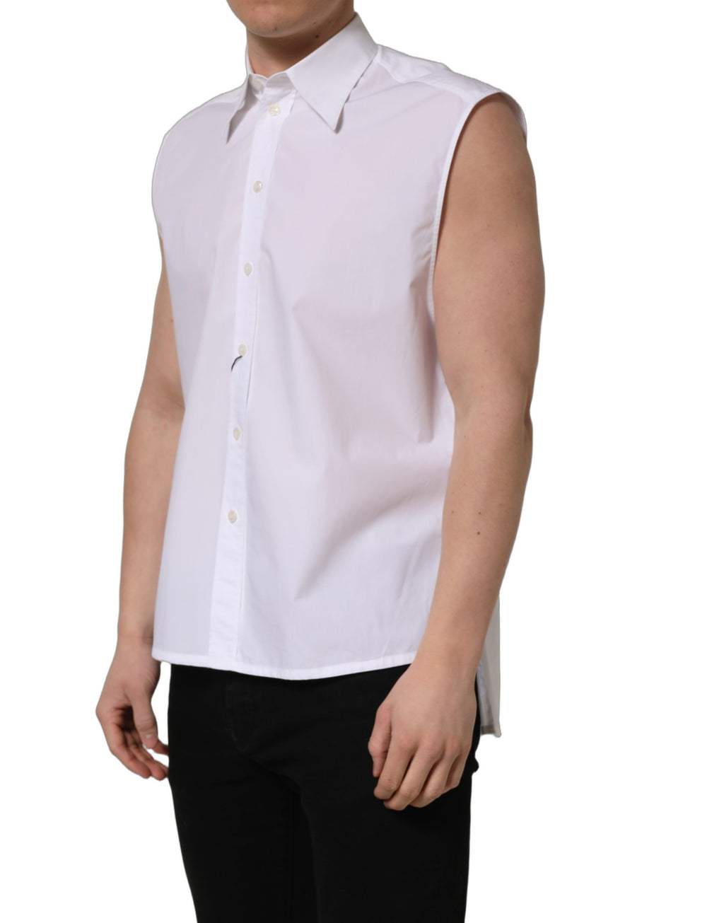 Chemise formelle blanche sans manches Dolce & Gabbana en coton, élégante et sophistiquée pour occasions spéciales.