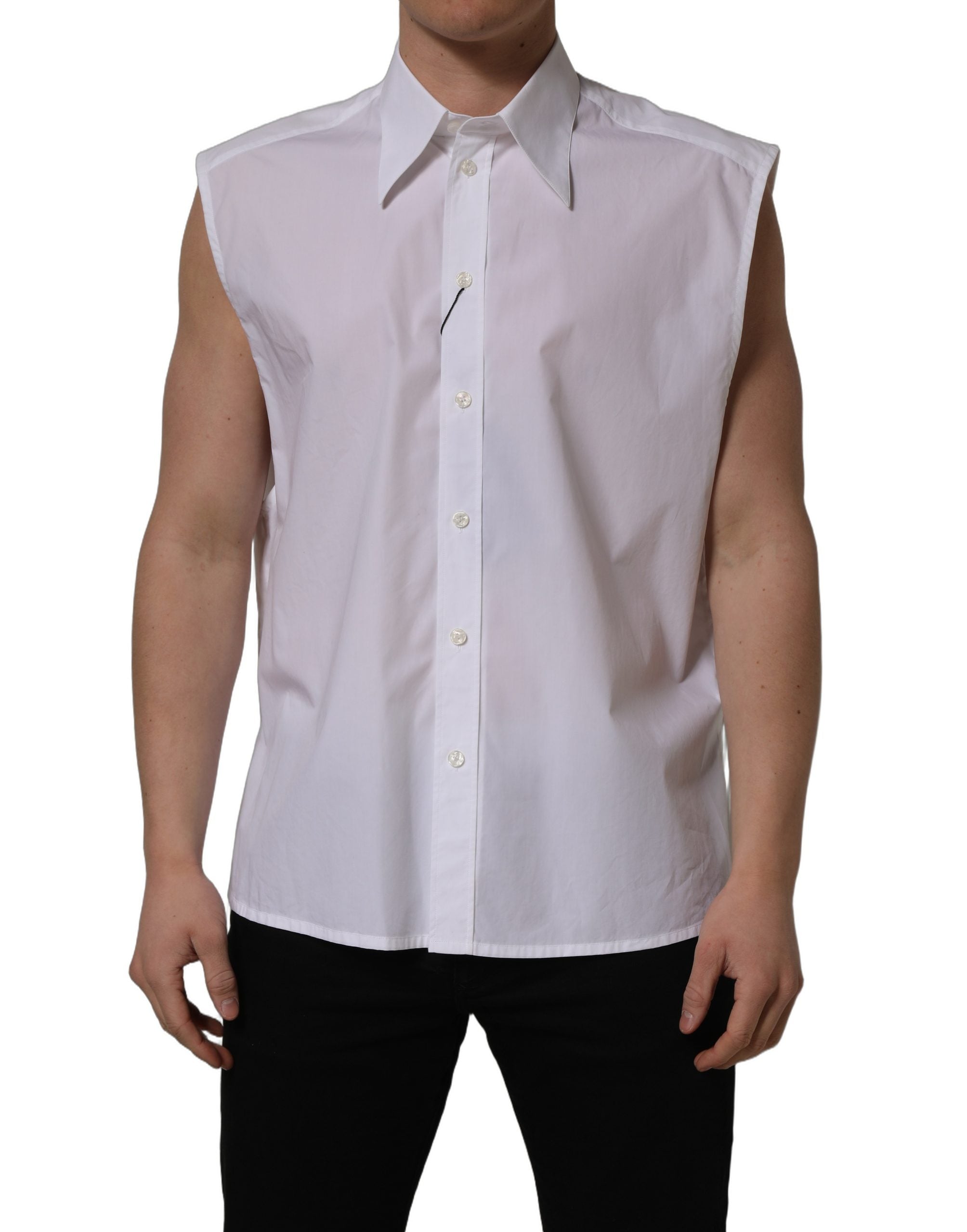 Chemise formelle sans manches en coton blanc de Dolce & Gabbana, élégante et sophistiquée, visible avec col et boutons.