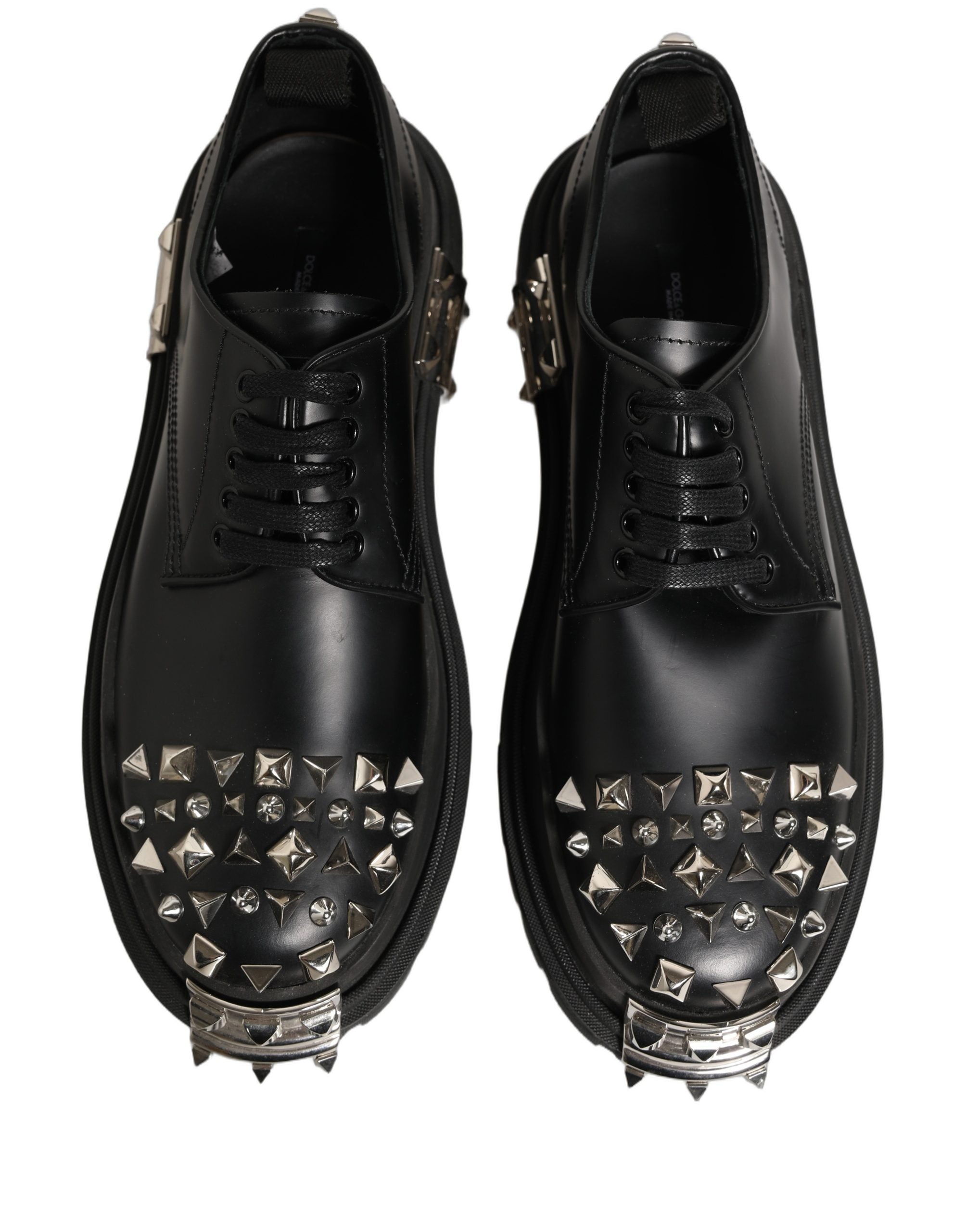 Chaussures Derby Dolce & Gabbana en cuir noir avec clous, style hi-trekking, chaussures élégantes pour hommes.