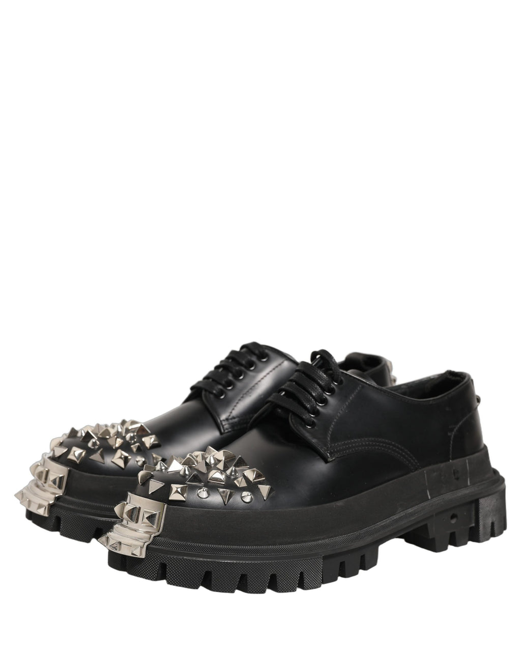 Chaussures Derby Dolce & Gabbana en cuir noir avec clous, style trekking haut, vue de face.