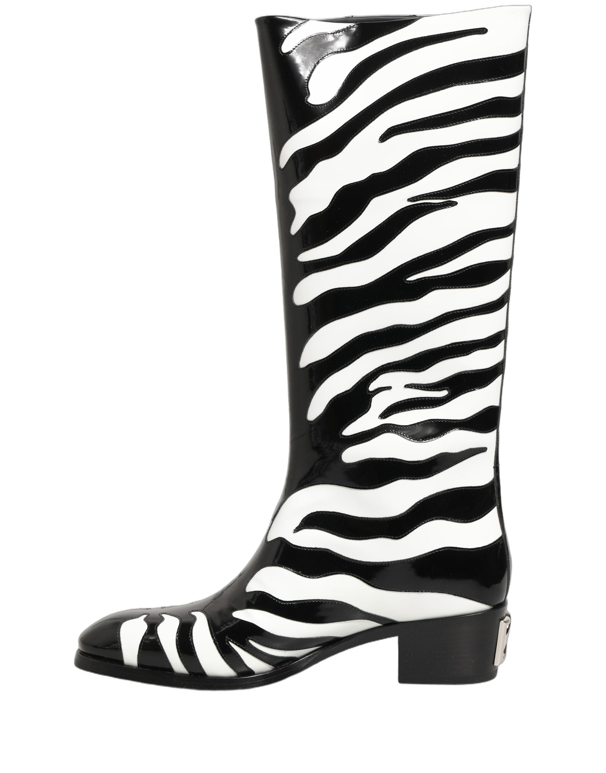 Bottes hommes Dolce & Gabbana noires et blanches à rayures zèbre, mi-mollet, en cuir, avec talons.