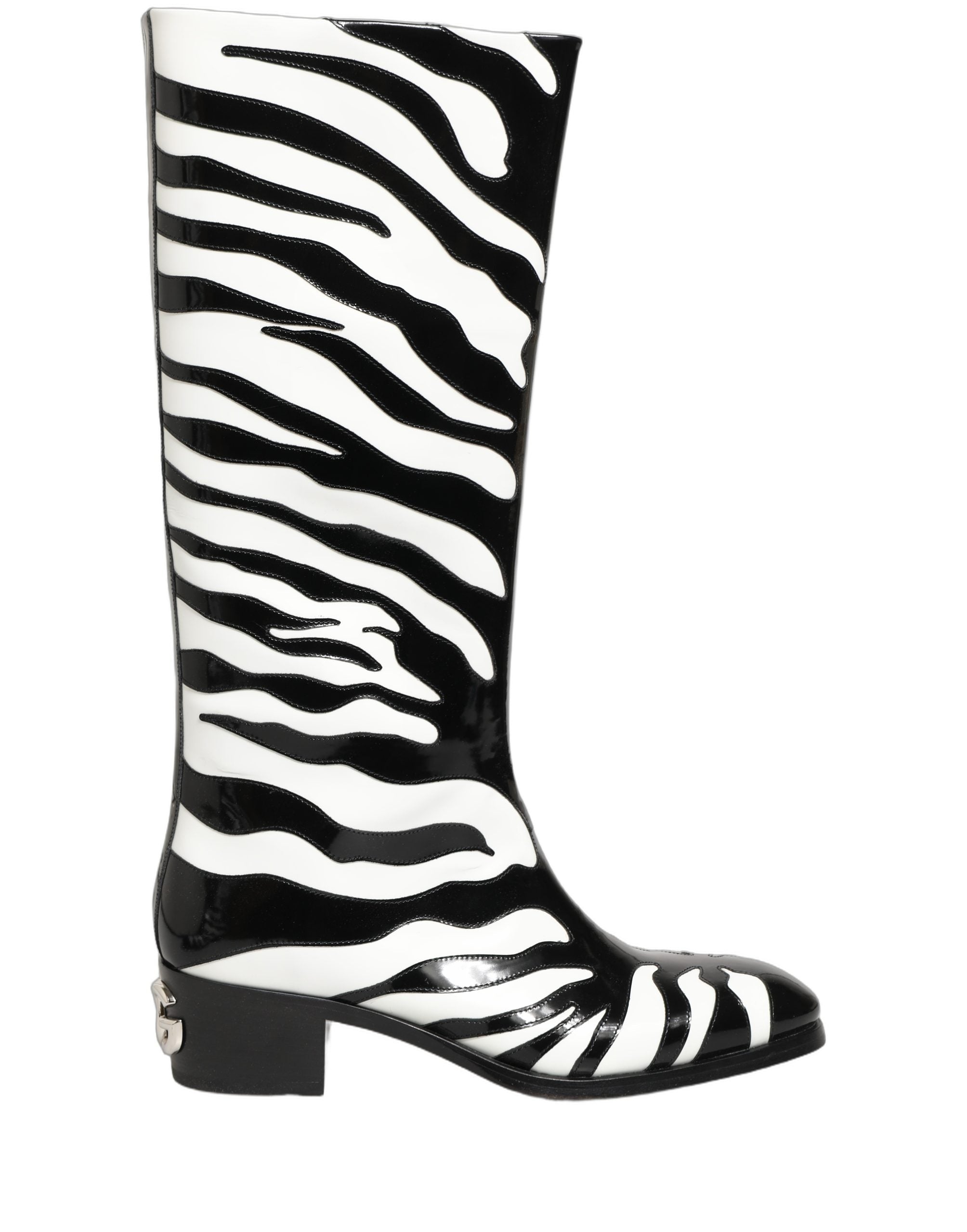 Bottes hommes Dolce & Gabbana noires et blanches à imprimé zèbre, hauteur genou, chaussures élégantes et tendance.