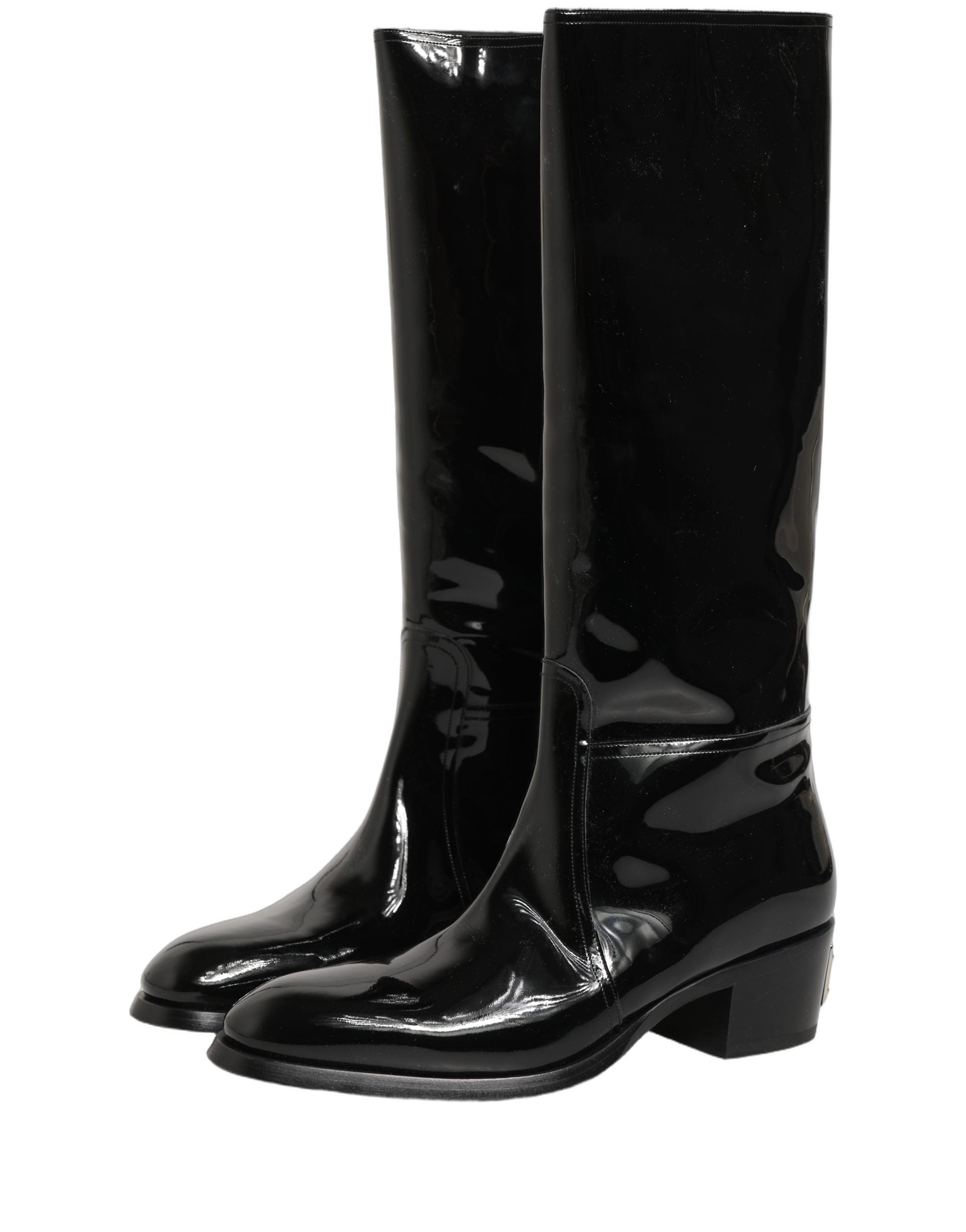 Bottes hautes en cuir noir de Dolce & Gabbana, chaussures à talons pour femmes, élégantes et sophistiquées.