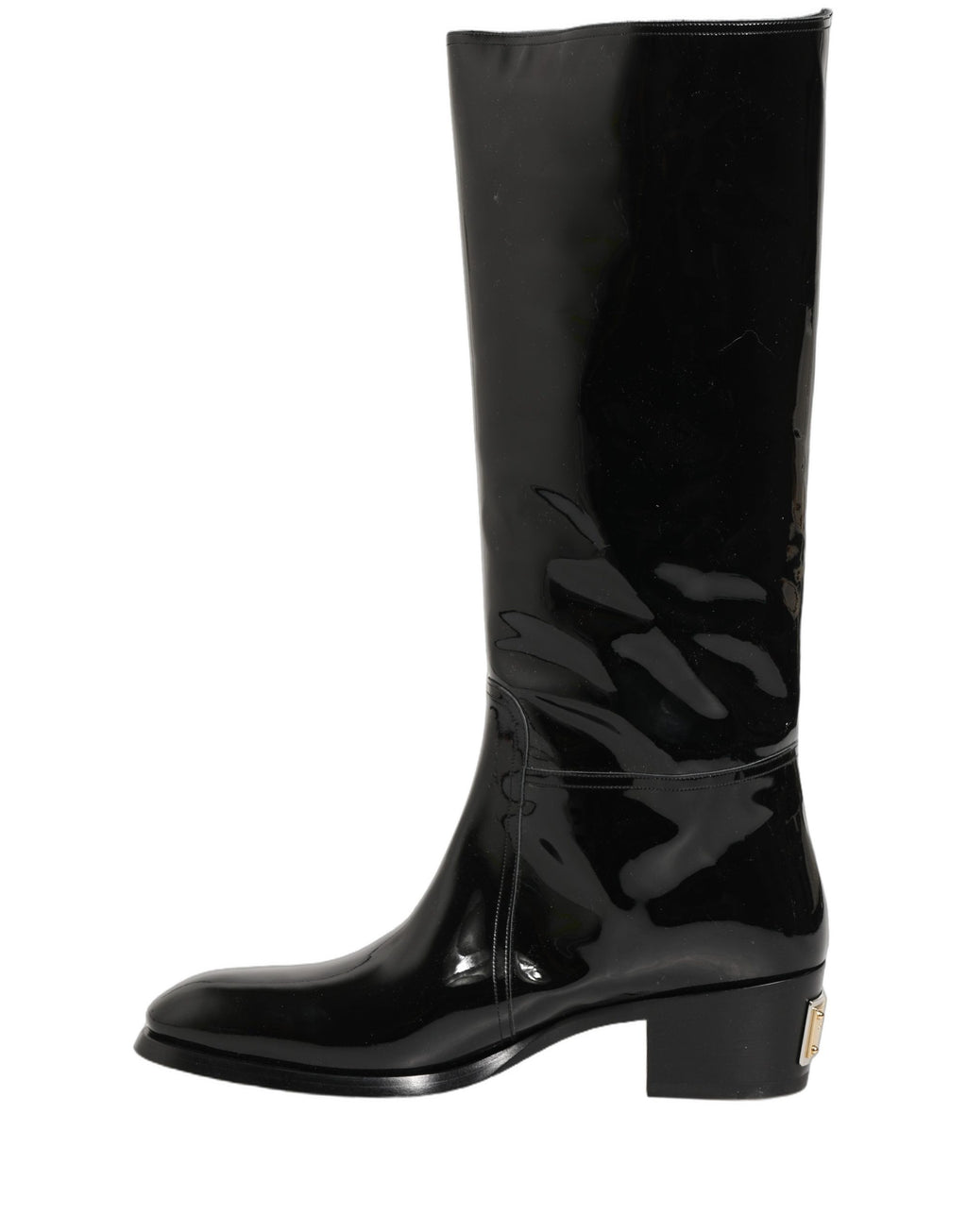 Chaussures bottines en cuir noir Dolce & Gabbana, talons hauts, longues bottes jusqu'aux genoux, style élégant et sophistiqué.