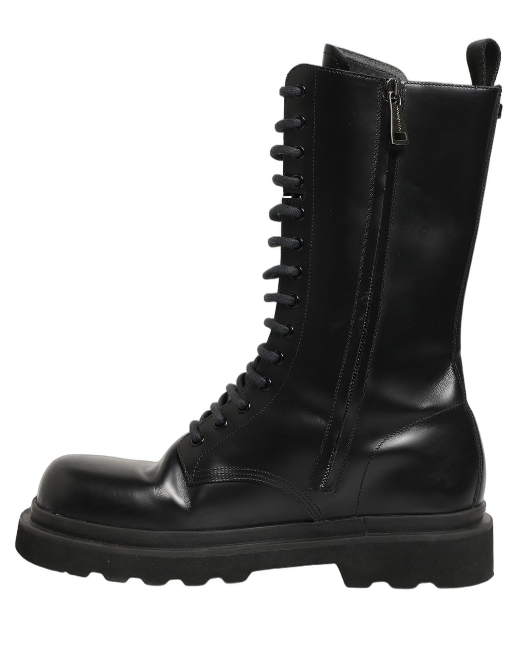 Chaussures combat en cuir noir Dolce & Gabbana pour homme, bottines à lacets, style robuste et élégant.