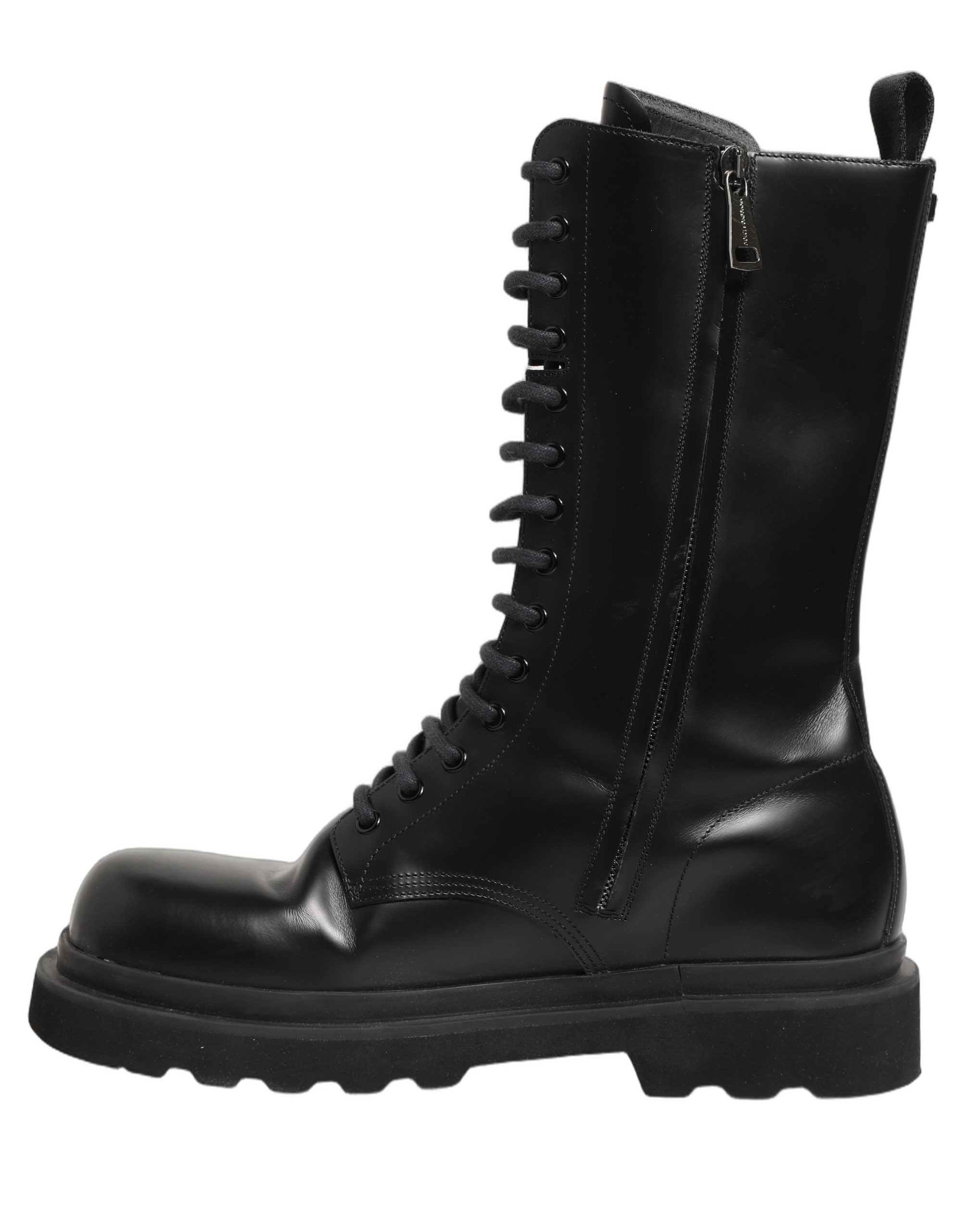 Chaussures combat en cuir noir Dolce & Gabbana pour homme, bottines à lacets, style robuste et élégant.
