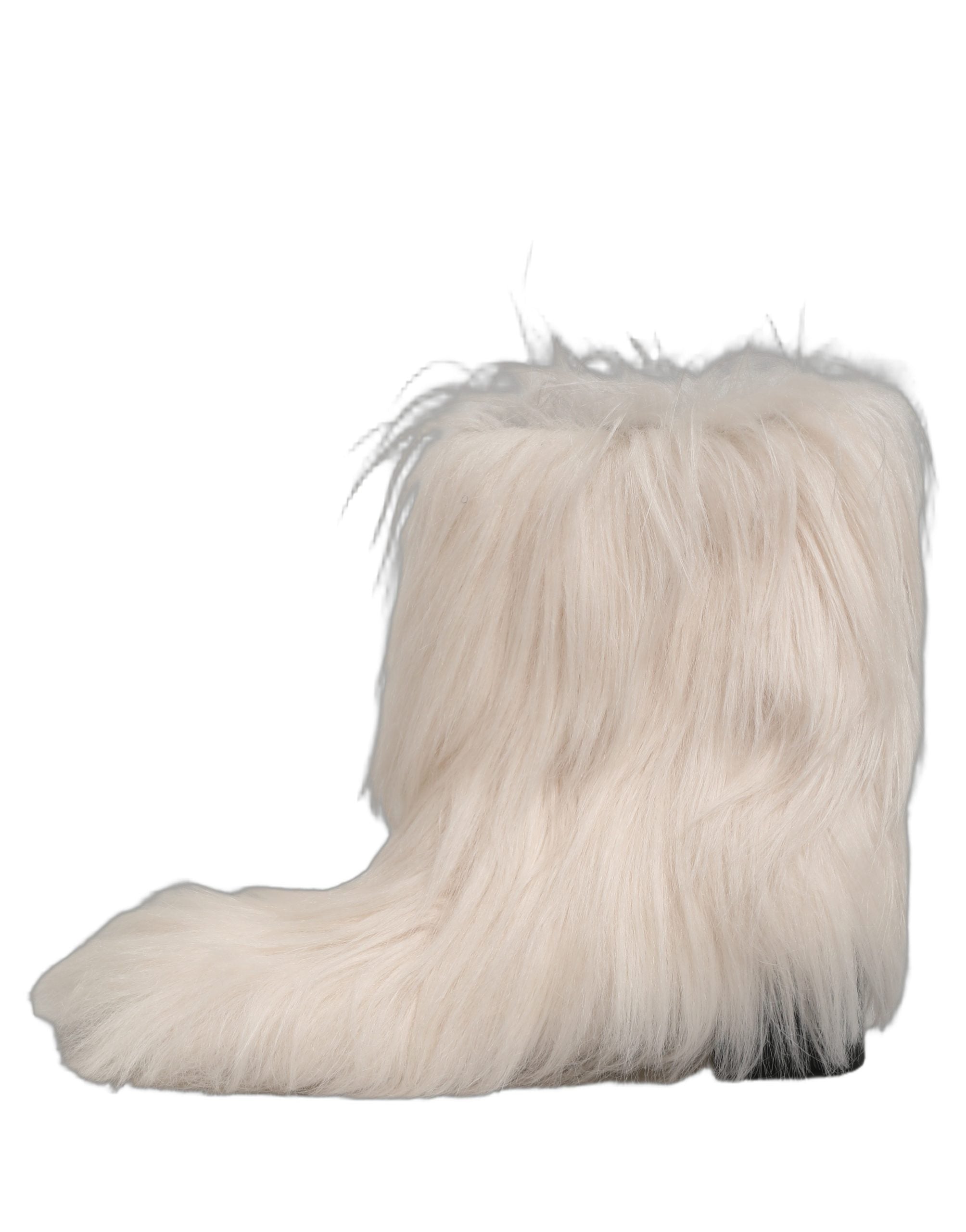 Bottes pour hommes en fausse fourrure blanche mi-mollet de Dolce & Gabbana, style élégant et chaud, vue de face.