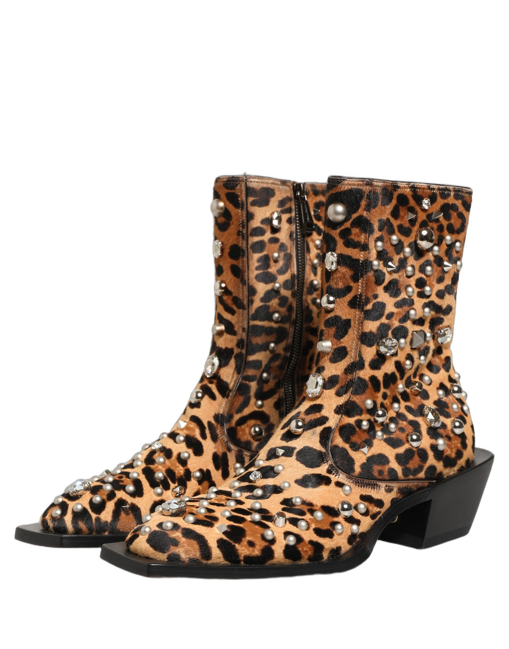 Chaussures homme Dolce & Gabbana en cuir marron à imprimé léopard avec embellissements, mi-mollet, style élégant et audacieux.