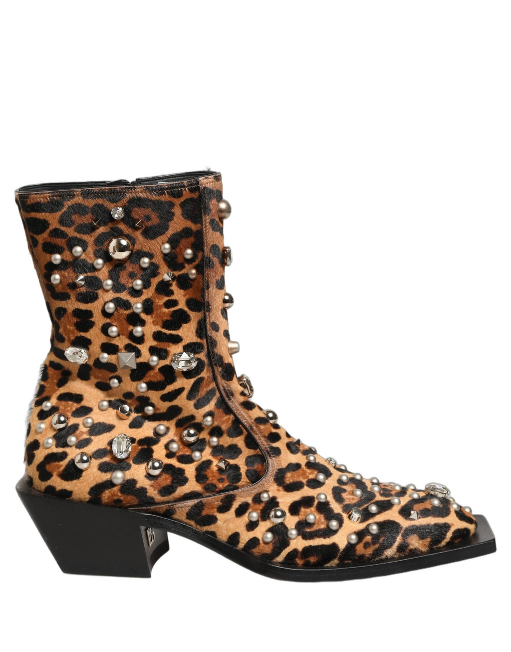 Bottes pour homme Dolce & Gabbana marron avec imprimé léopard et embellissements, mi-mollet, en cuir.