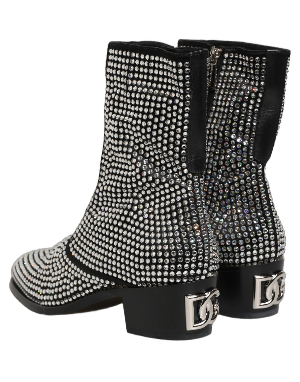 Bottes ankle Dolce & Gabbana noires ornées de cristaux scintillants, chaussures élégantes en cuir avec détails brillants.
