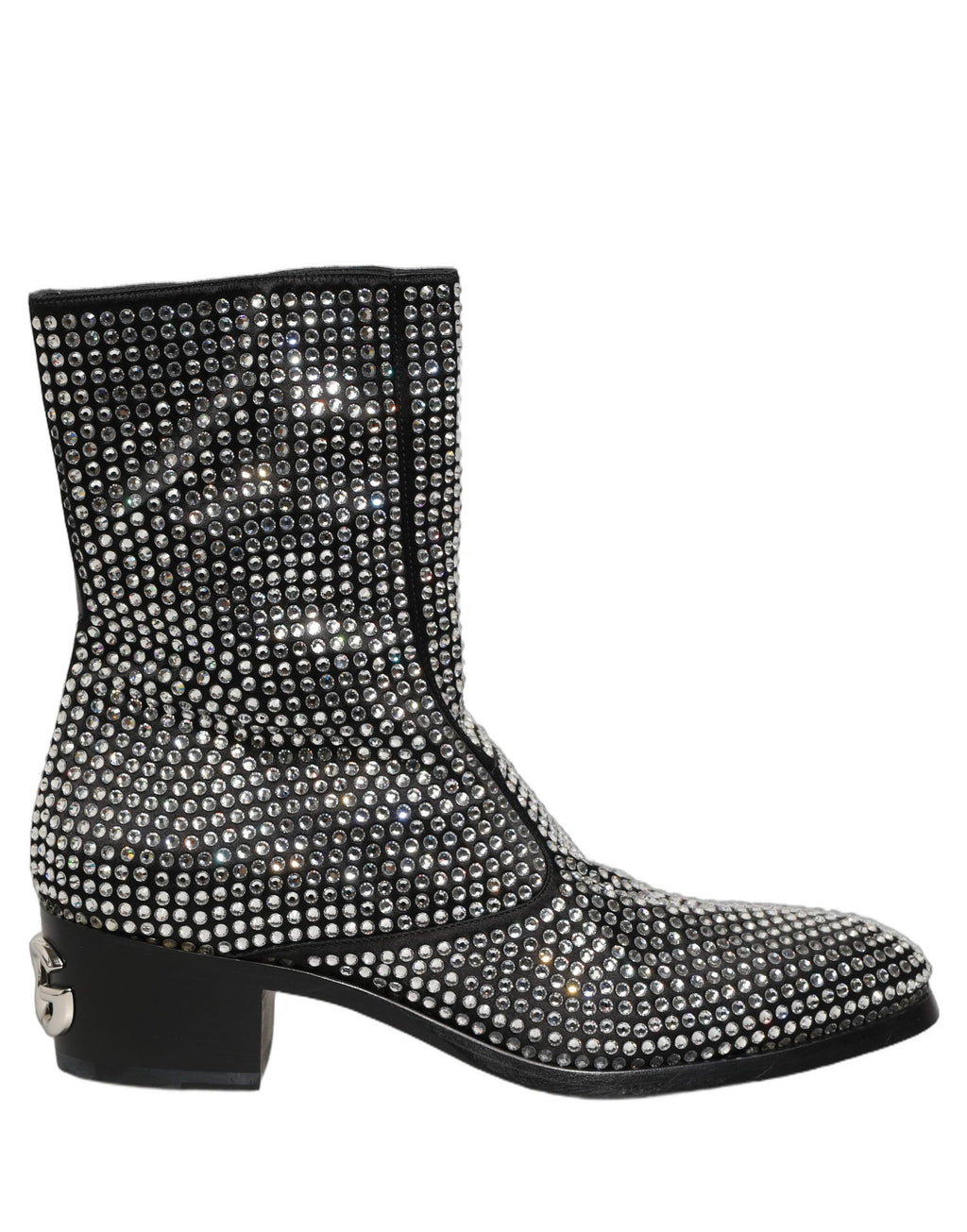 Bottines noires Dolce & Gabbana en cuir avec embellissements en cristal et talon moyen, style élégant et sophistiqué