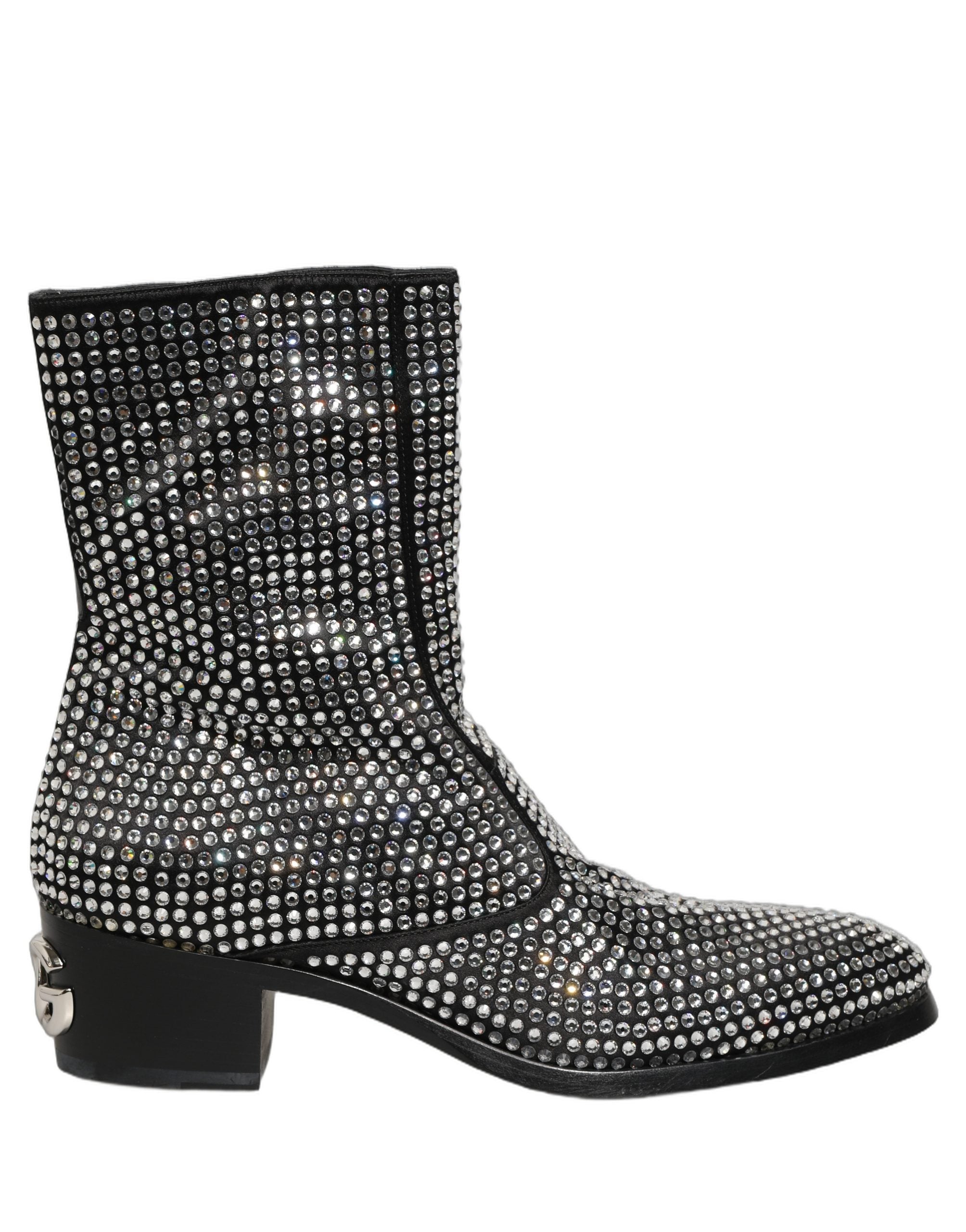 Bottines noires Dolce & Gabbana en cuir avec embellissements en cristal et talon moyen, style élégant et sophistiqué