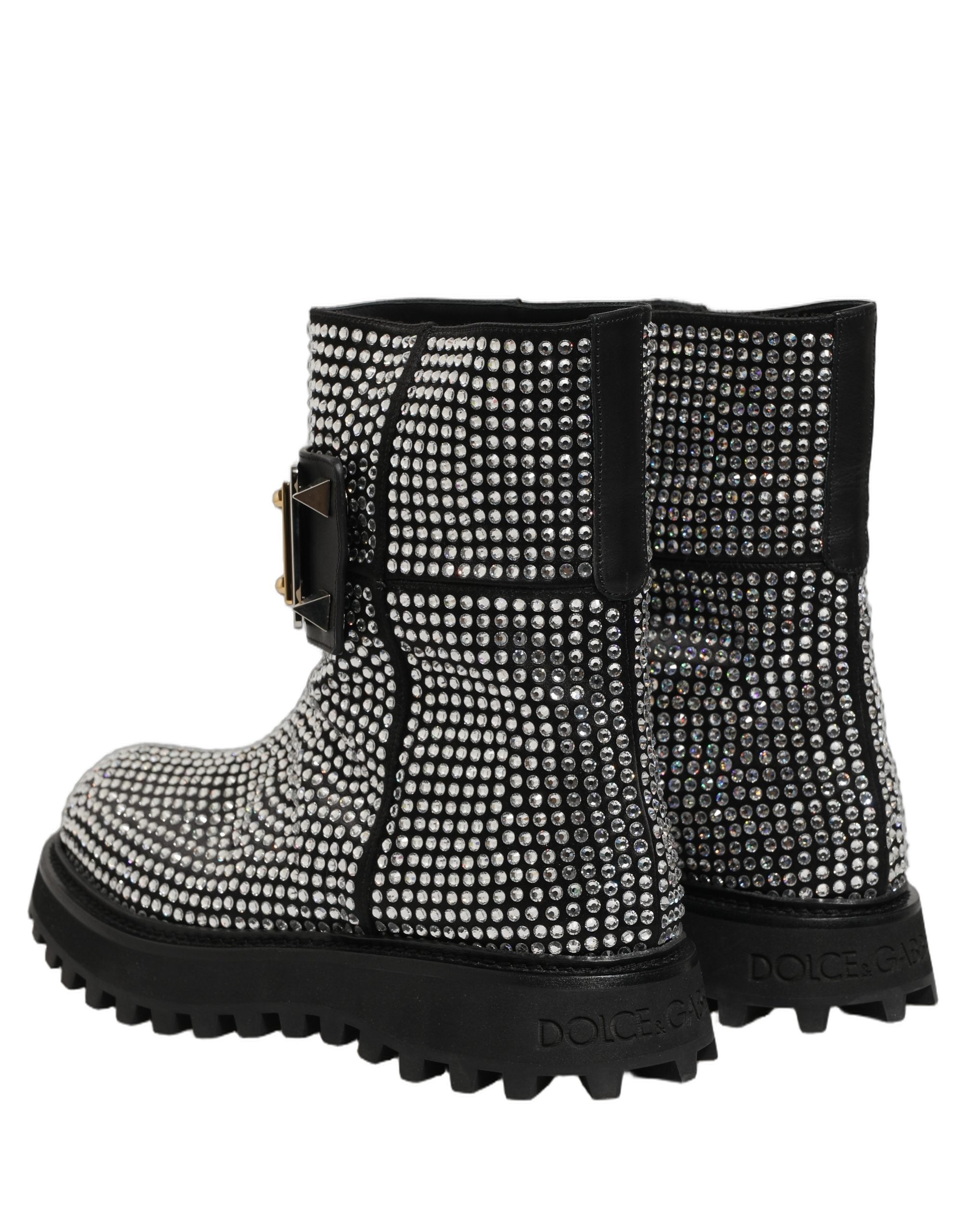 Bottes courtes noires Dolce & Gabbana ornées de cristaux scintillants, élégantes et sophistiquées.