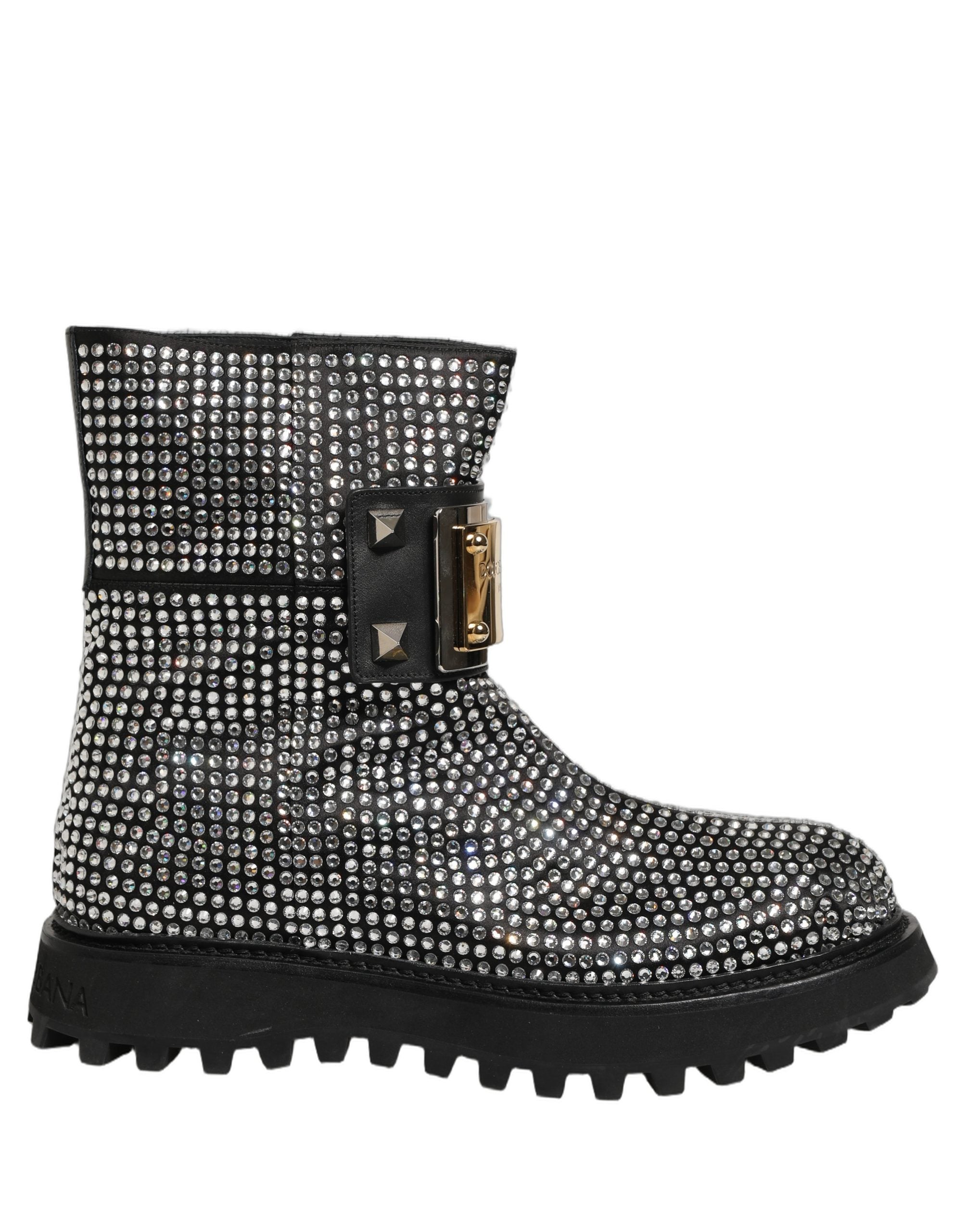Bottes courtes noires Dolce & Gabbana ornées de cristaux brillants, chaussures élégantes et sophistiquées.