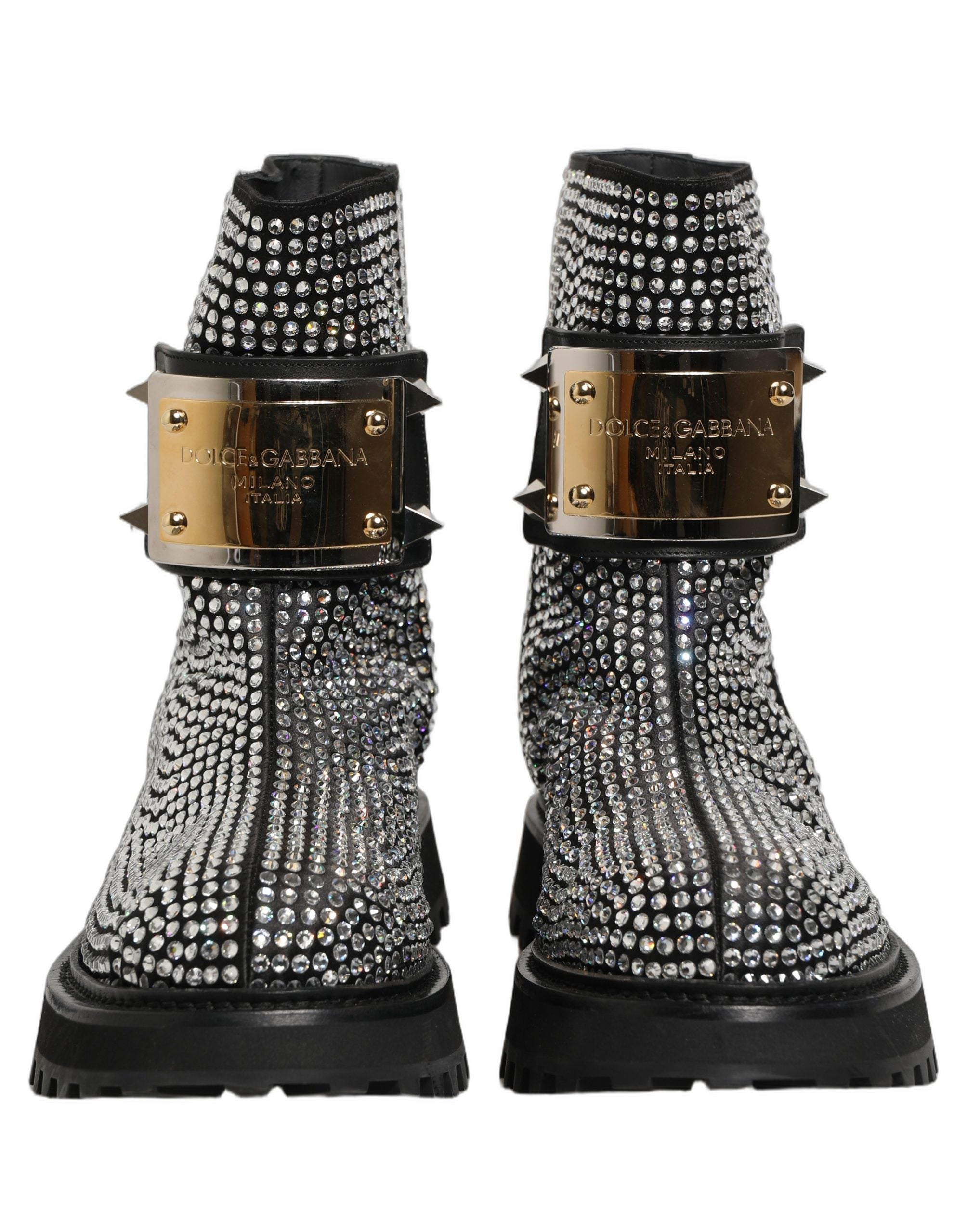Bottes courtes noires Dolce & Gabbana avec embellissements en cristal, style élégant et sophistiqué.