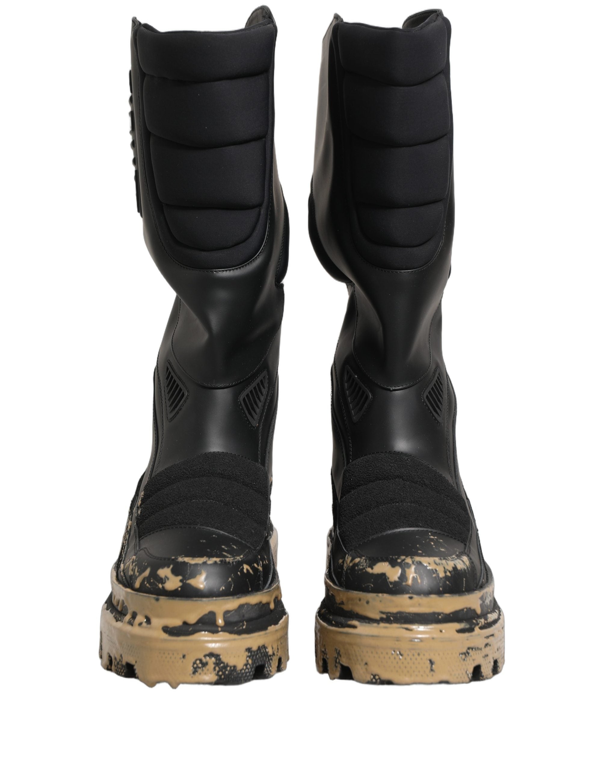 Bottes homme en cuir noir Dolce & Gabbana, style motard mi-mollet, avec semelle robuste et détails en cuir de qualité.
