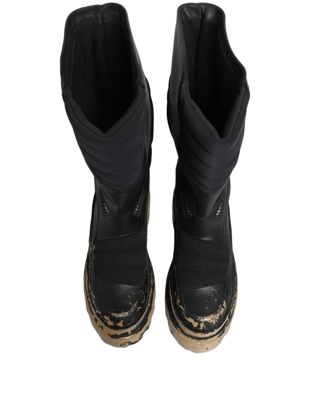 Bottes pour hommes Dolce & Gabbana en cuir noir, style motard, mi-mollet, avec détails robustes et finition élégante.