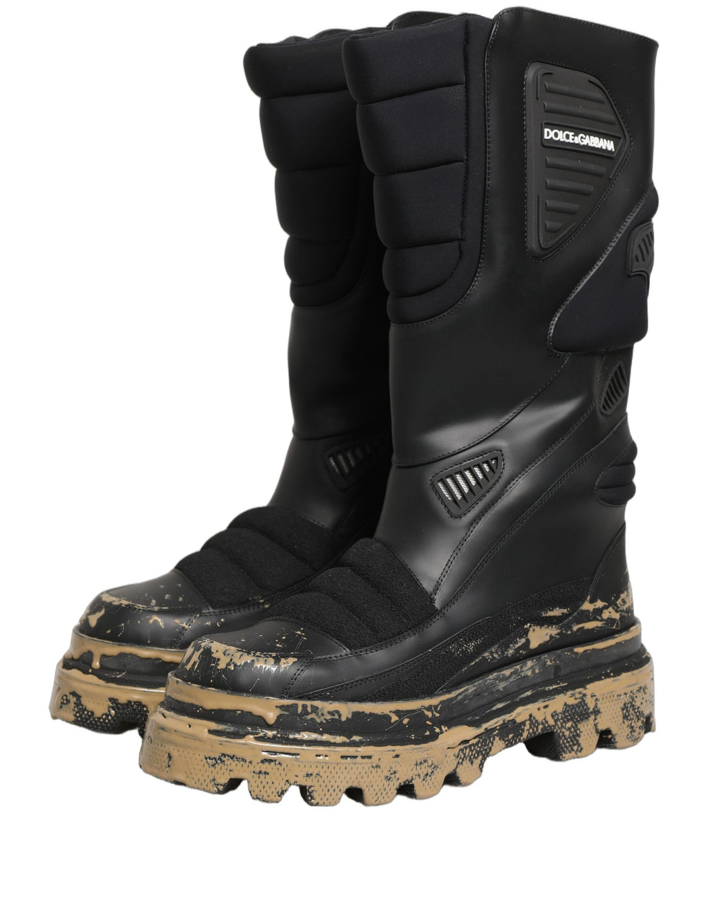 Bottes mi-mollet en cuir noir Dolce & Gabbana pour homme, style biker avec semelles robustes et détails en cuir élégant.