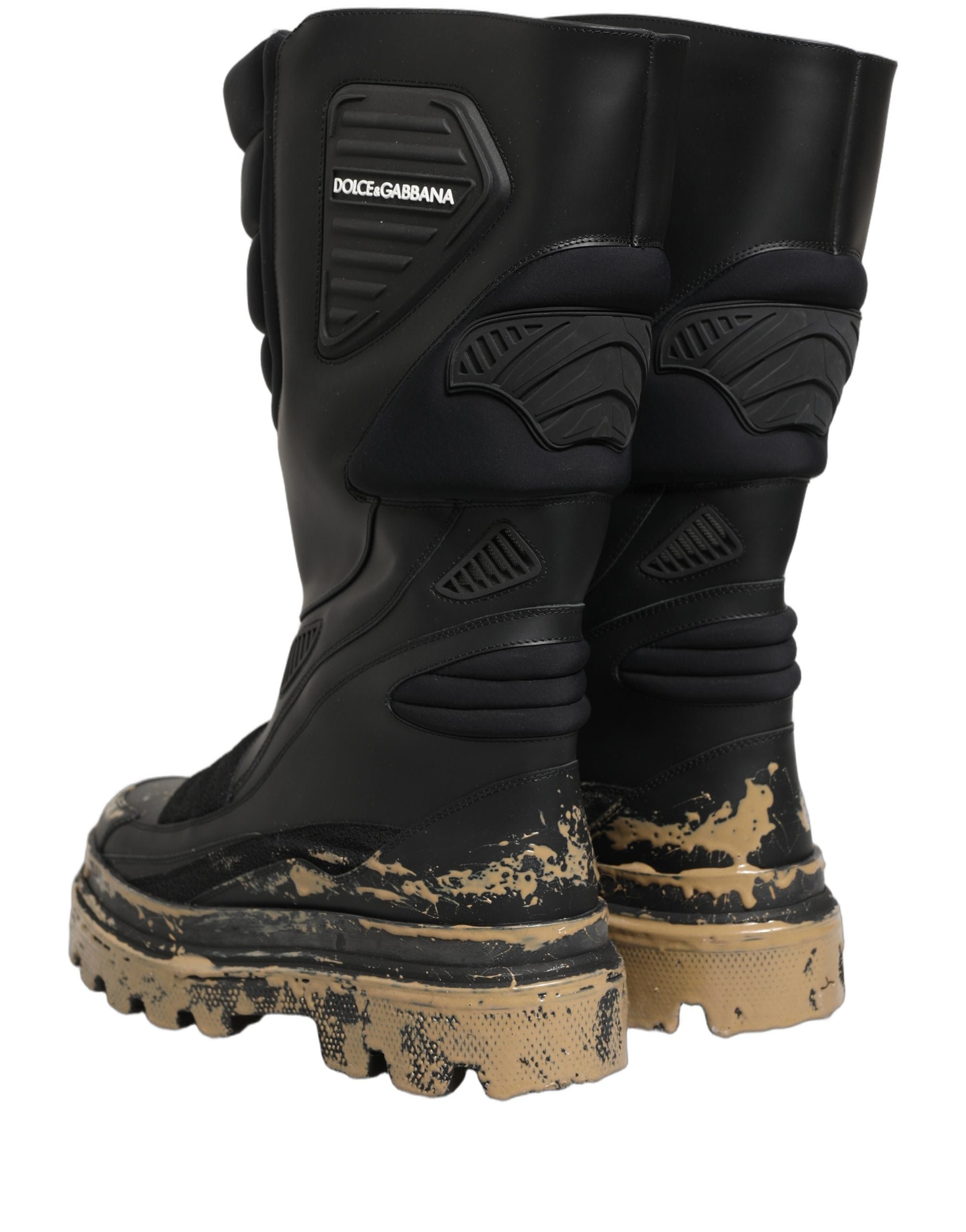 Bottes hommes en cuir noir Dolce & Gabbana, style motard, mi-mollet, chaussures élégantes et robustes.