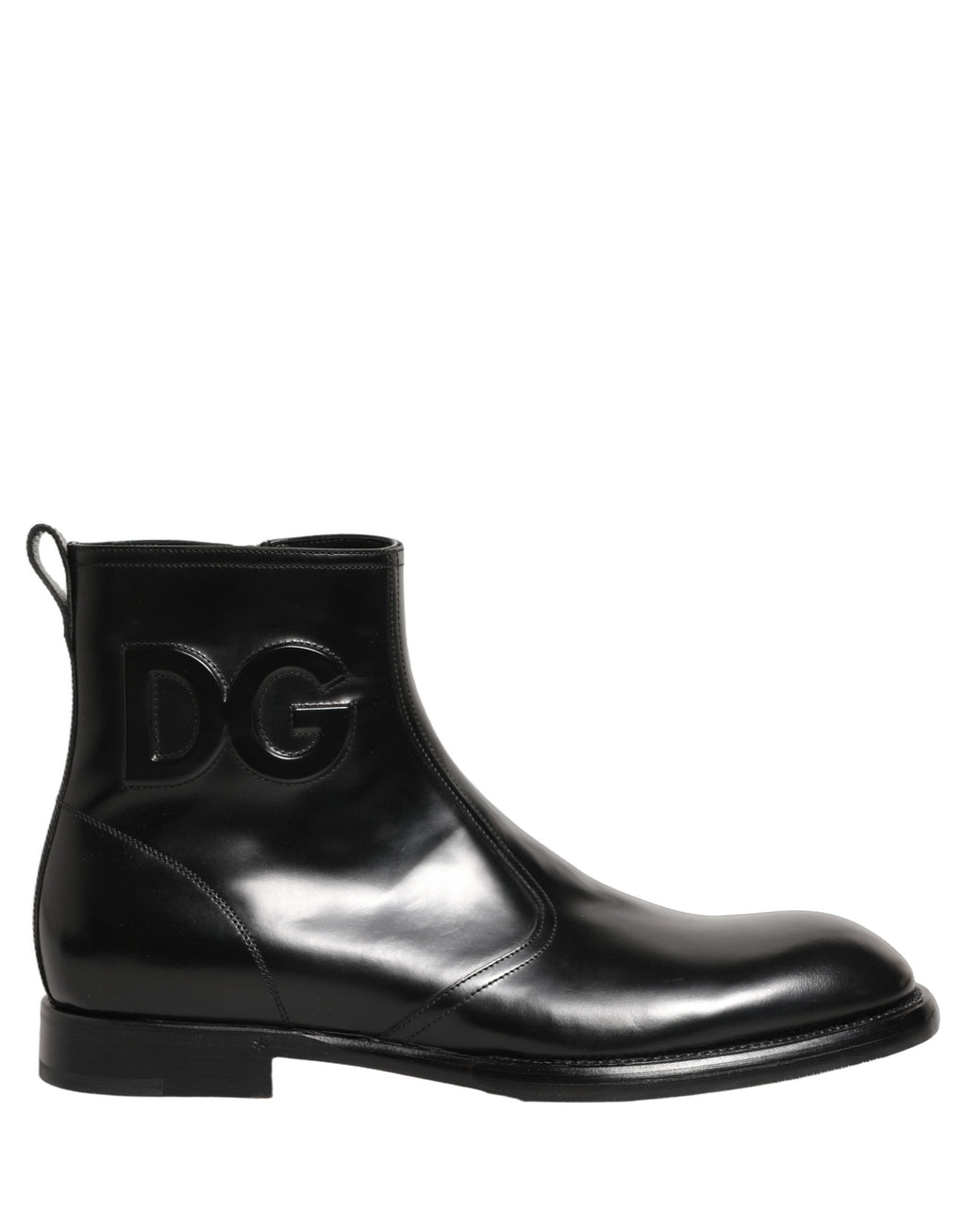 Bottes en cuir noir de Dolce & Gabbana avec logo embossé à la cheville, style élégant et sophistiqué.
