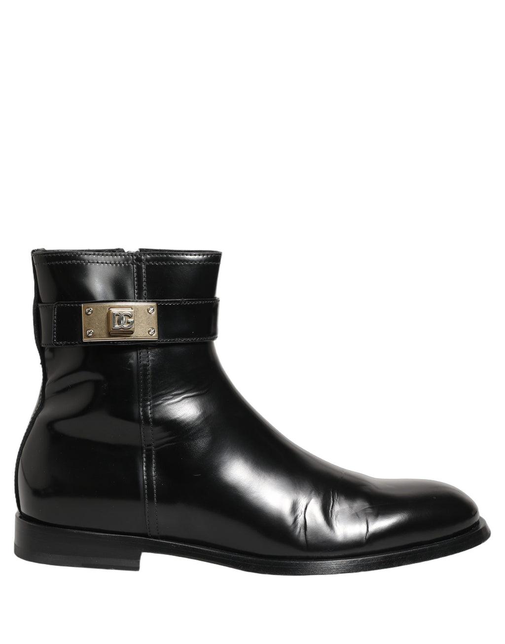 Bottes en cuir noir Dolce & Gabbana avec boucle logo, mi-mollet, chaussures élégantes et sophistiquées.