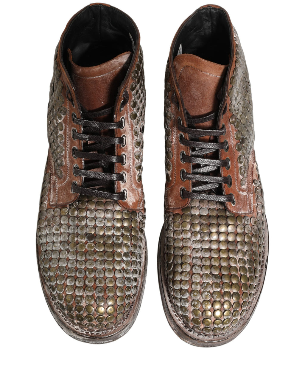 Bottines en cuir marron Dolce & Gabbana avec studs à la cheville, chaussures de défilé mode élégantes et tendance.