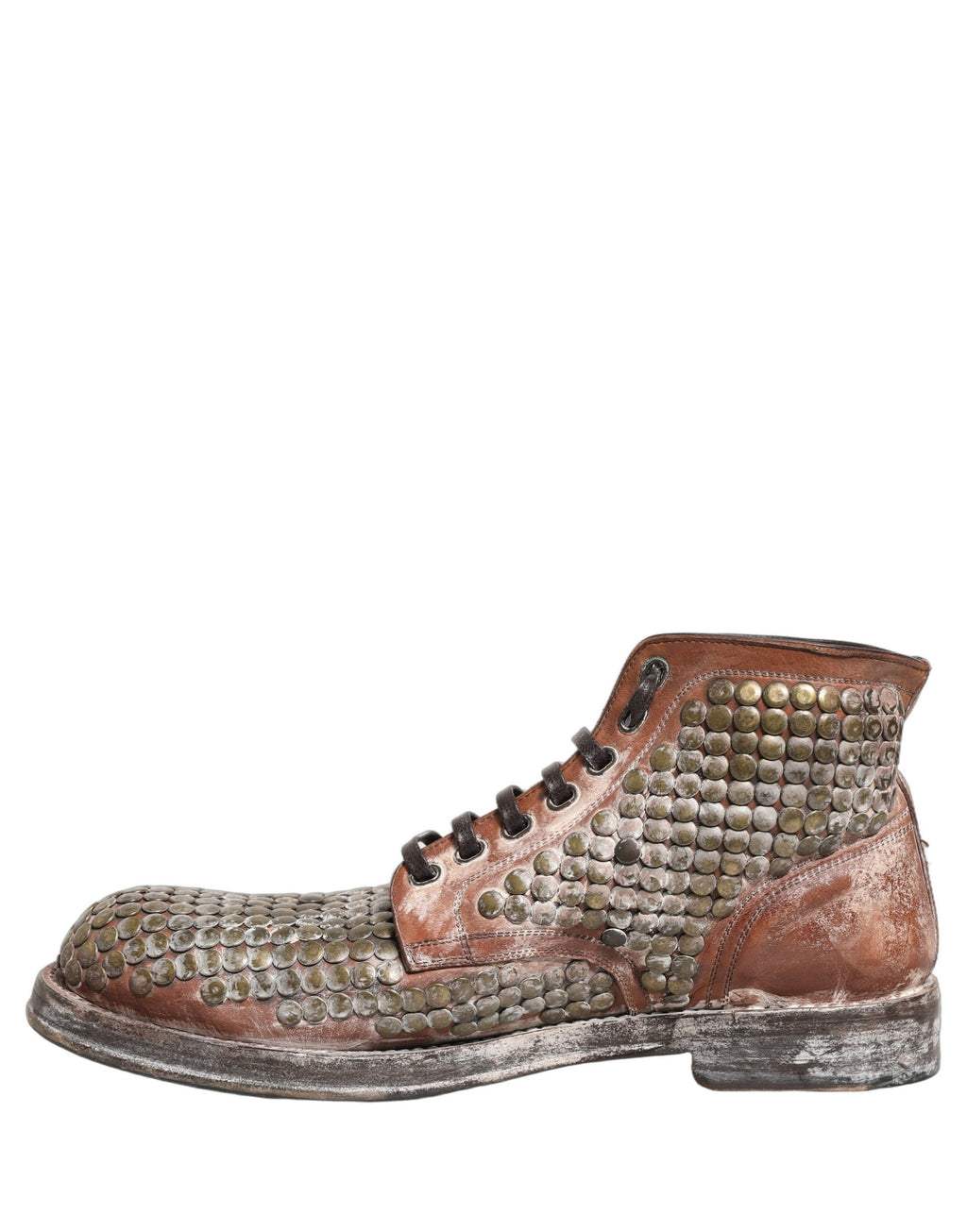 Bottes ankle en cuir marron Dolce & Gabbana avec clous, chaussures de défilé élégantes et tendance.