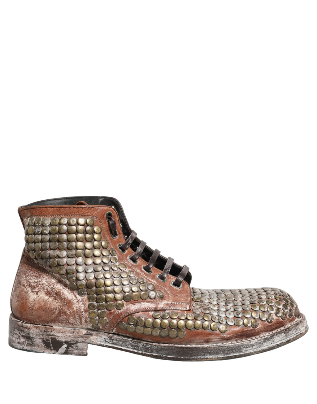 Chaussures Dolce & Gabbana en cuir marron avec studs pour la cheville, bottines élégantes de défilé.