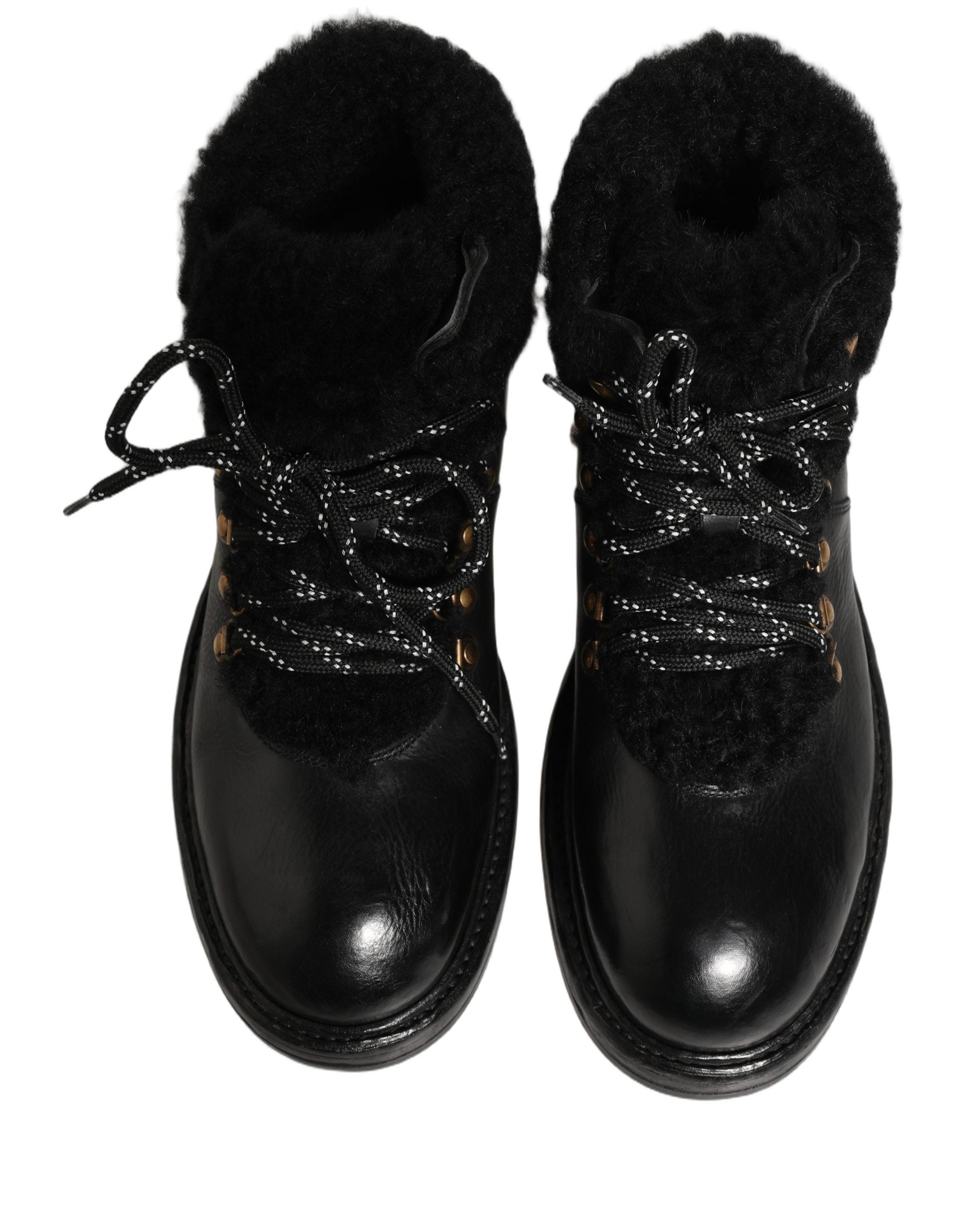 Dolce & Gabbana Schwarze Trekking Pelz Schnürleder Boots Schuhe