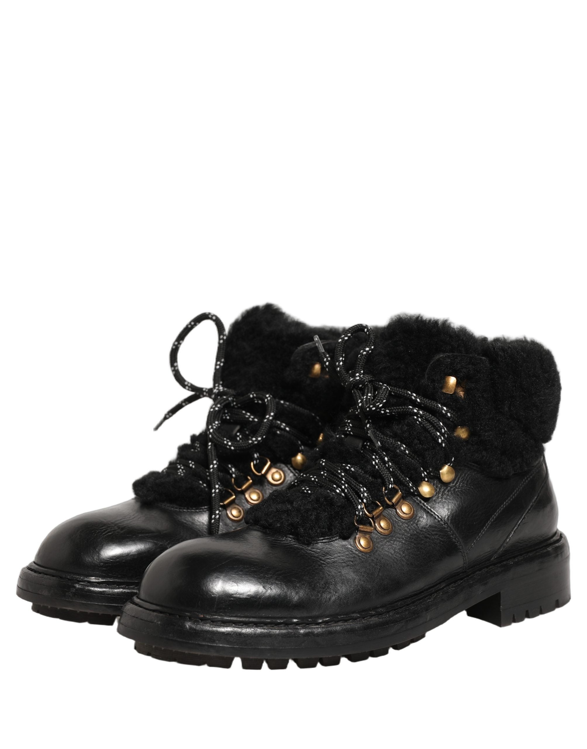 Dolce & Gabbana Schwarze Trekking Pelz Schnürleder Boots Schuhe