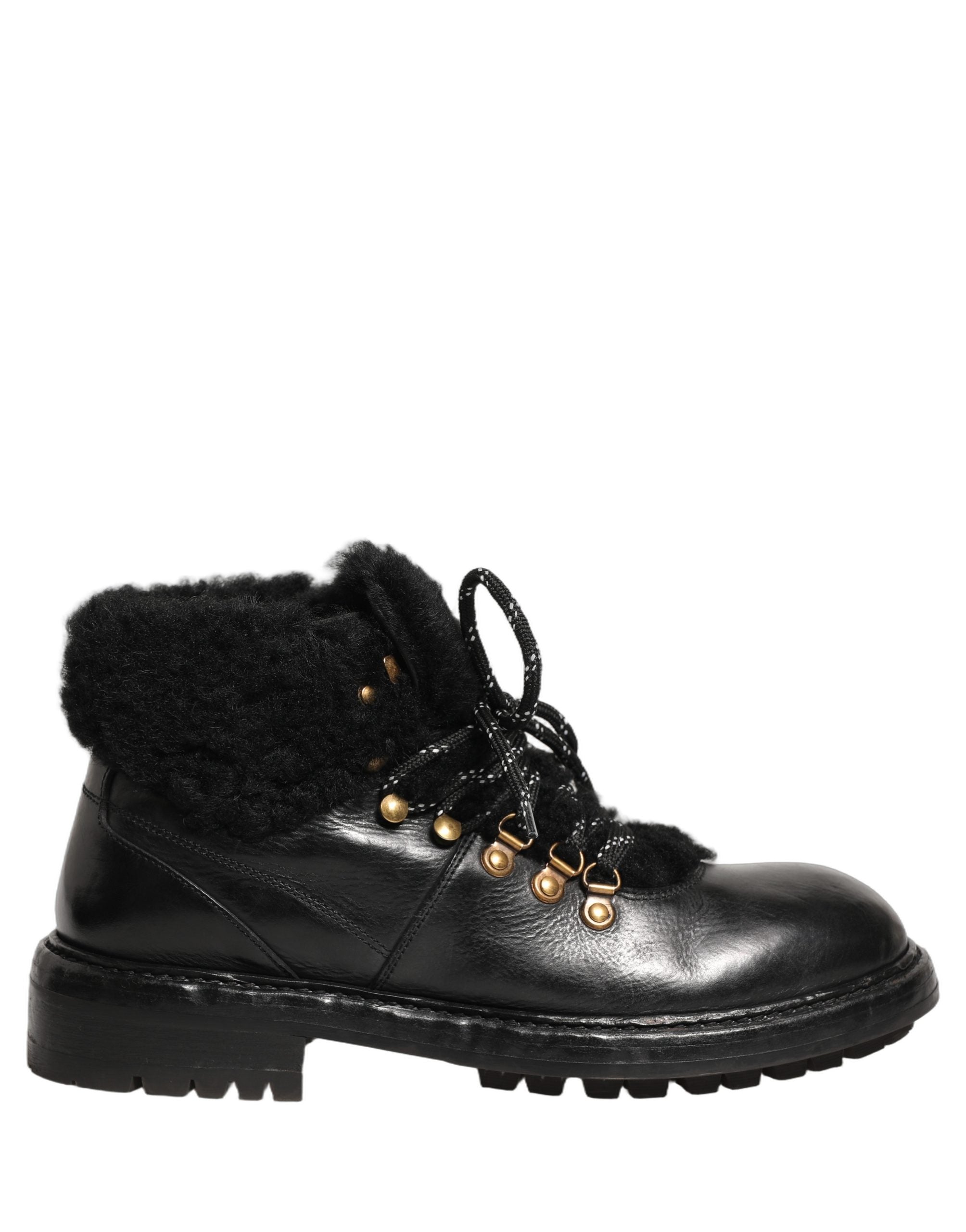 Dolce & Gabbana Schwarze Trekking Pelz Schnürleder Boots Schuhe