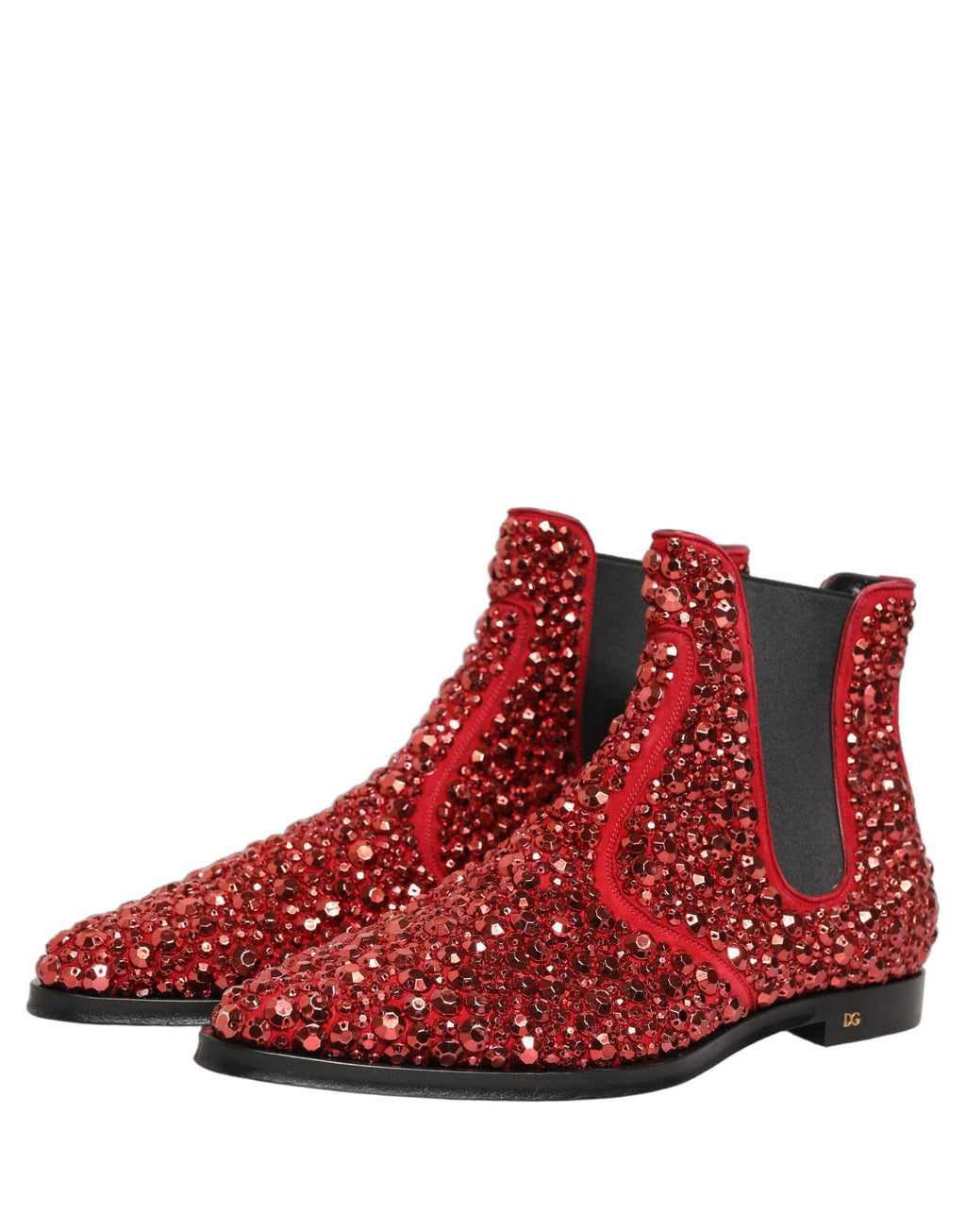 Bottines Chelsea rouges Dolce & Gabbana avec embellissements, semelle en cuir et design élégant pour femmes.