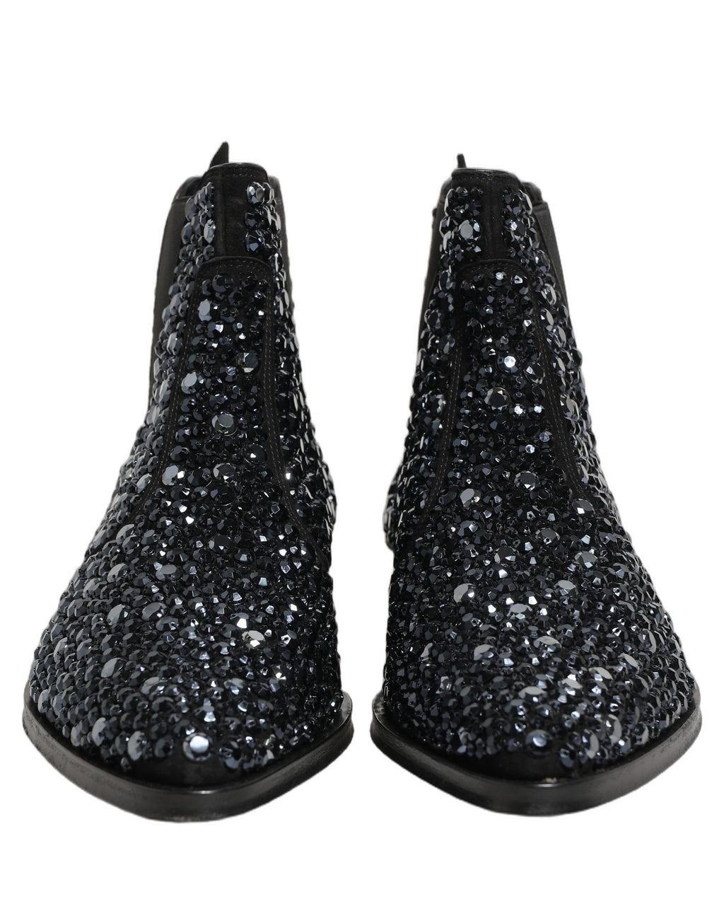 Bottines noires Chelsea Dolce & Gabbana avec embellissements, chaussures élégantes en cuir avec détails brillants.
