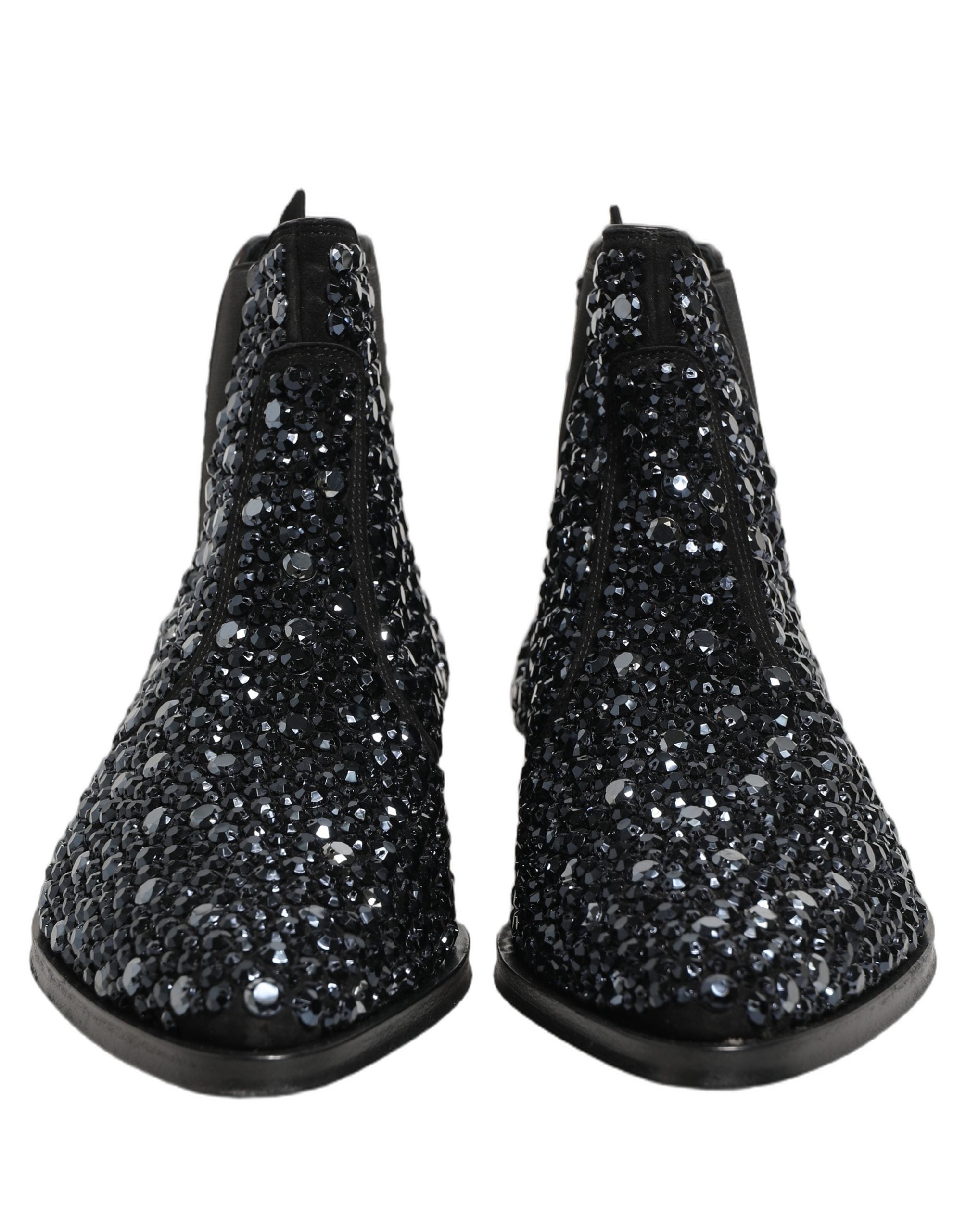 Bottines noires Chelsea Dolce & Gabbana avec embellissements, chaussures élégantes en cuir avec détails brillants.