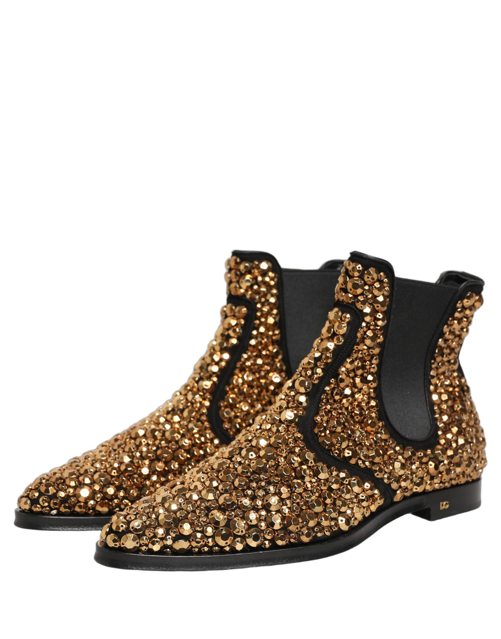 Bottines Chelsea dorées Dolce & Gabbana avec embellissements en or, semelle en cuir et design élégant.