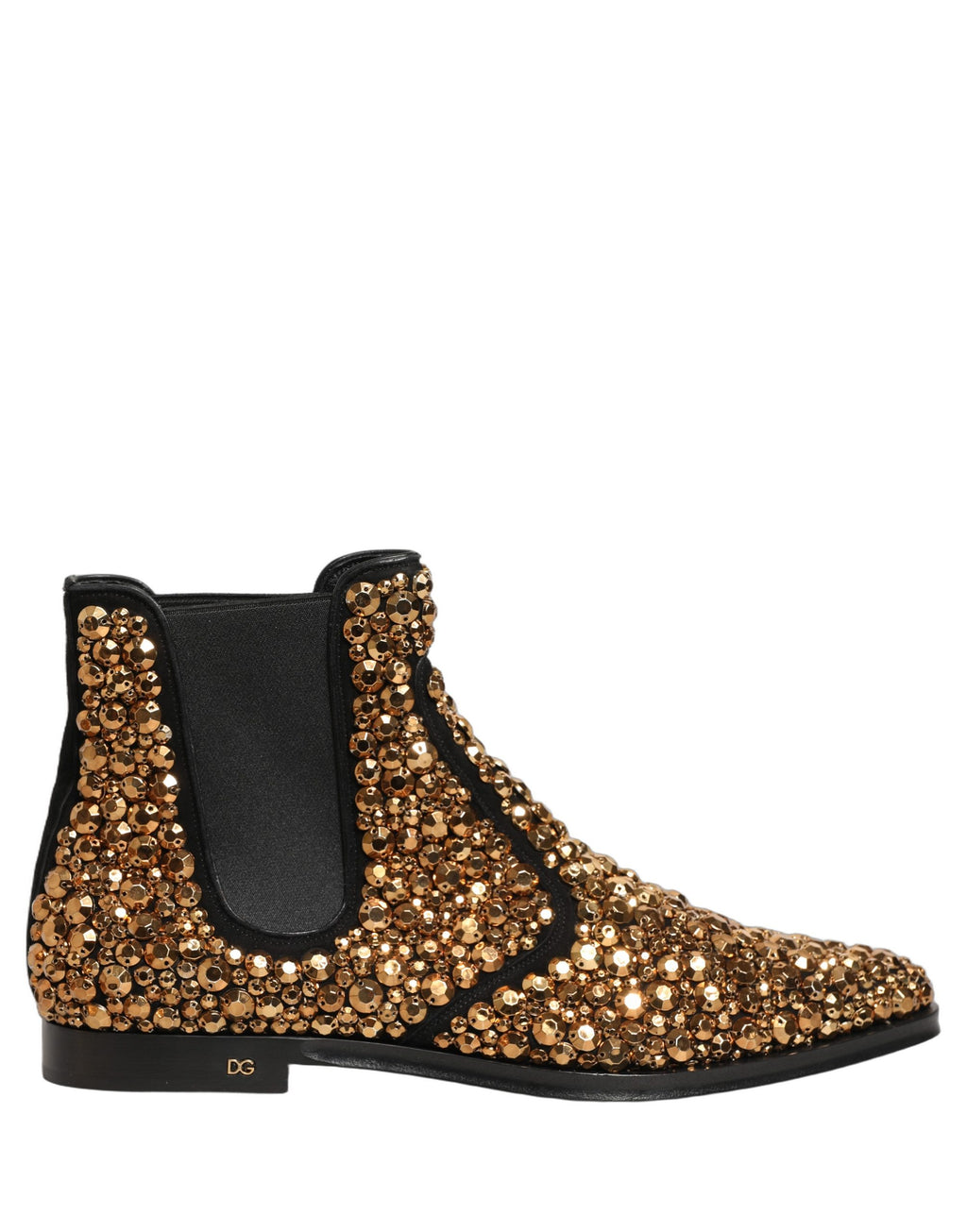 Bottines Chelsea dorées Dolce & Gabbana avec embellissements en métal, semelle en caoutchouc et design élégant.