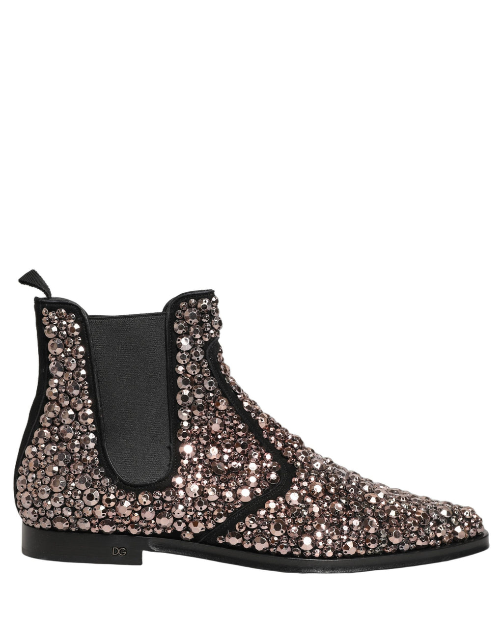 Bottes Chelsea argentées Dolce & Gabbana avec embellissements, ankle boots élégantes en cuir brillant.